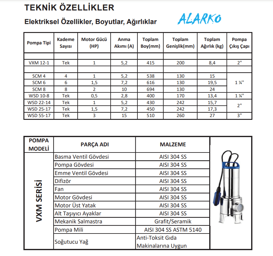 Alarko Diamond Vxm 12-1 Atık Su Ve Yağmur Suyu Drenaj Dalgıç Pompası (Temiz, Kirli ve Pis Su) (Paslanmaz Çelik Gövdeli - Aisi 304) / Flatörlü (Şamandıralı) 