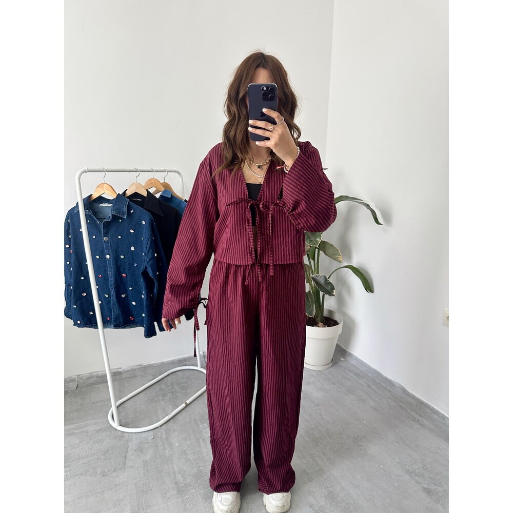 Poplin Kumaş Çizgili Bordo Takım