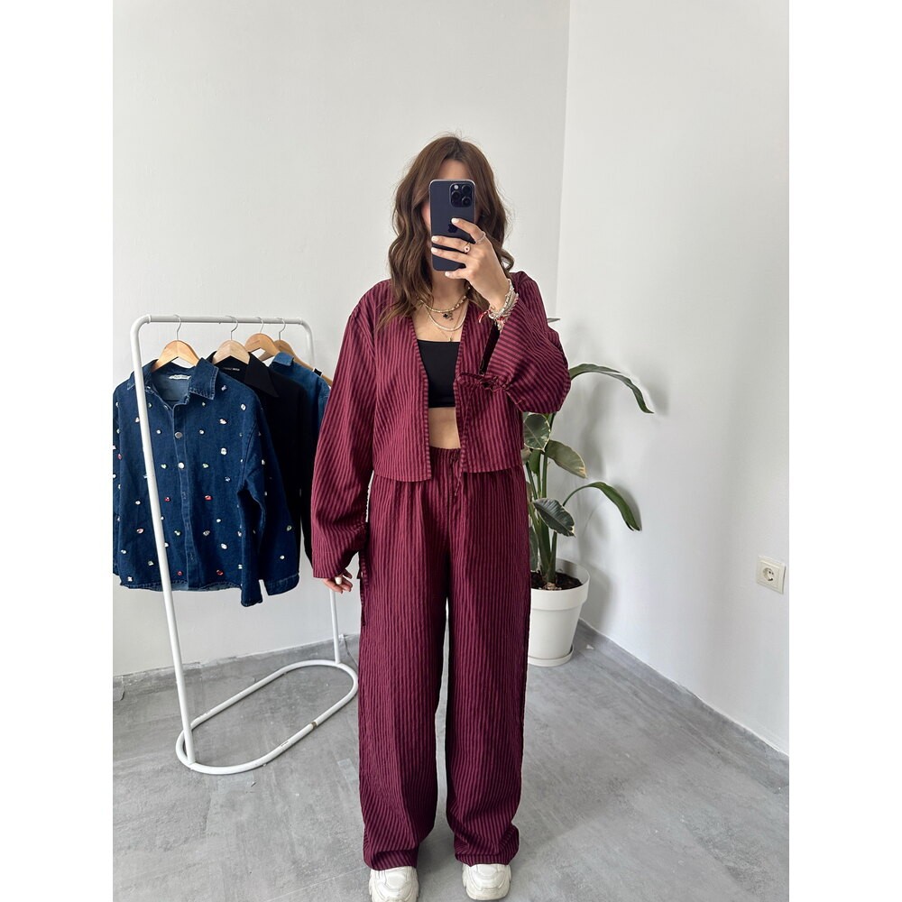 Poplin Kumaş Çizgili Bordo Takım