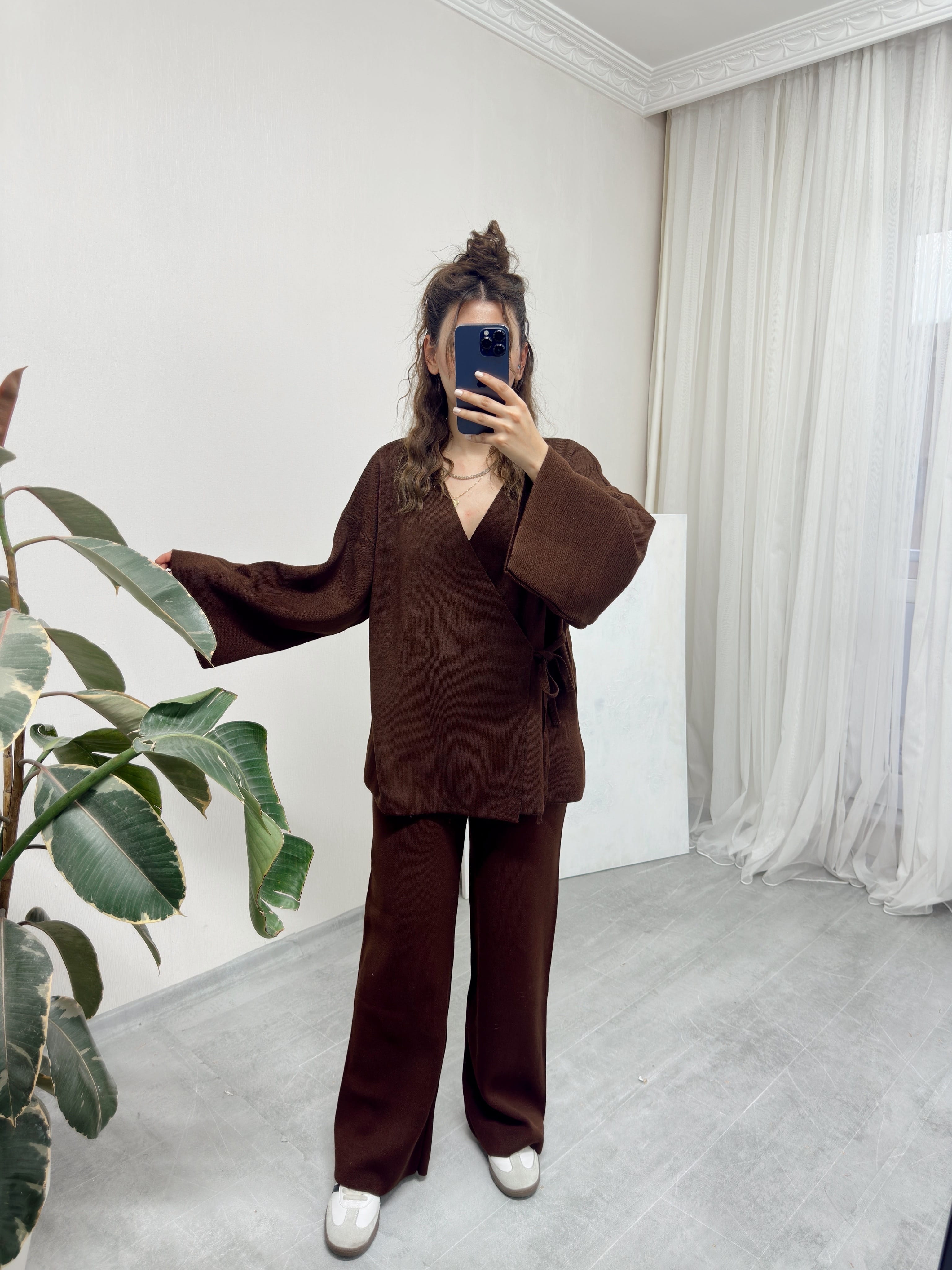 Kahverengi Triko Kimono Pantolon Takım