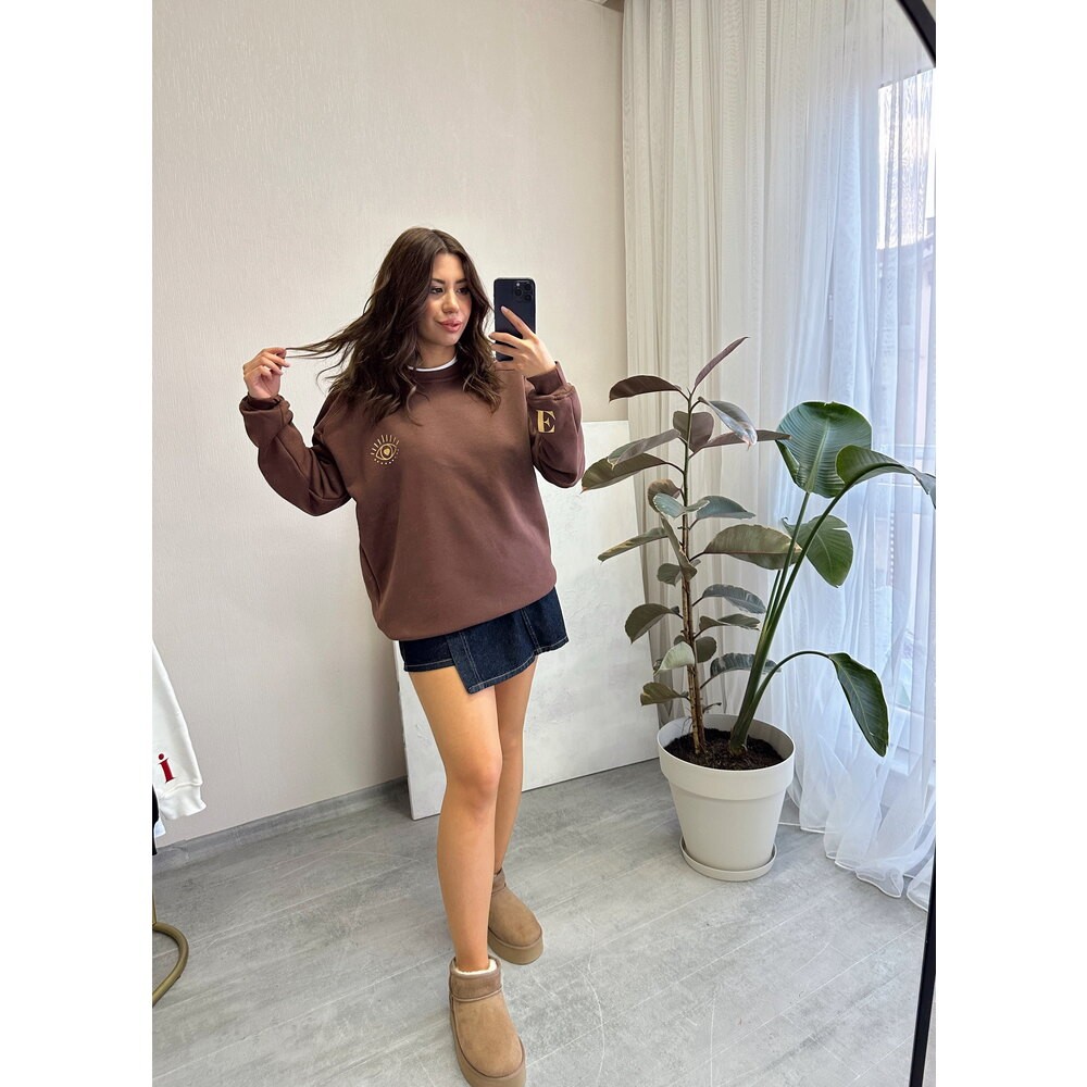 Gold Baskılı | Kişiye Özel Harfli Kahverengi Sweat