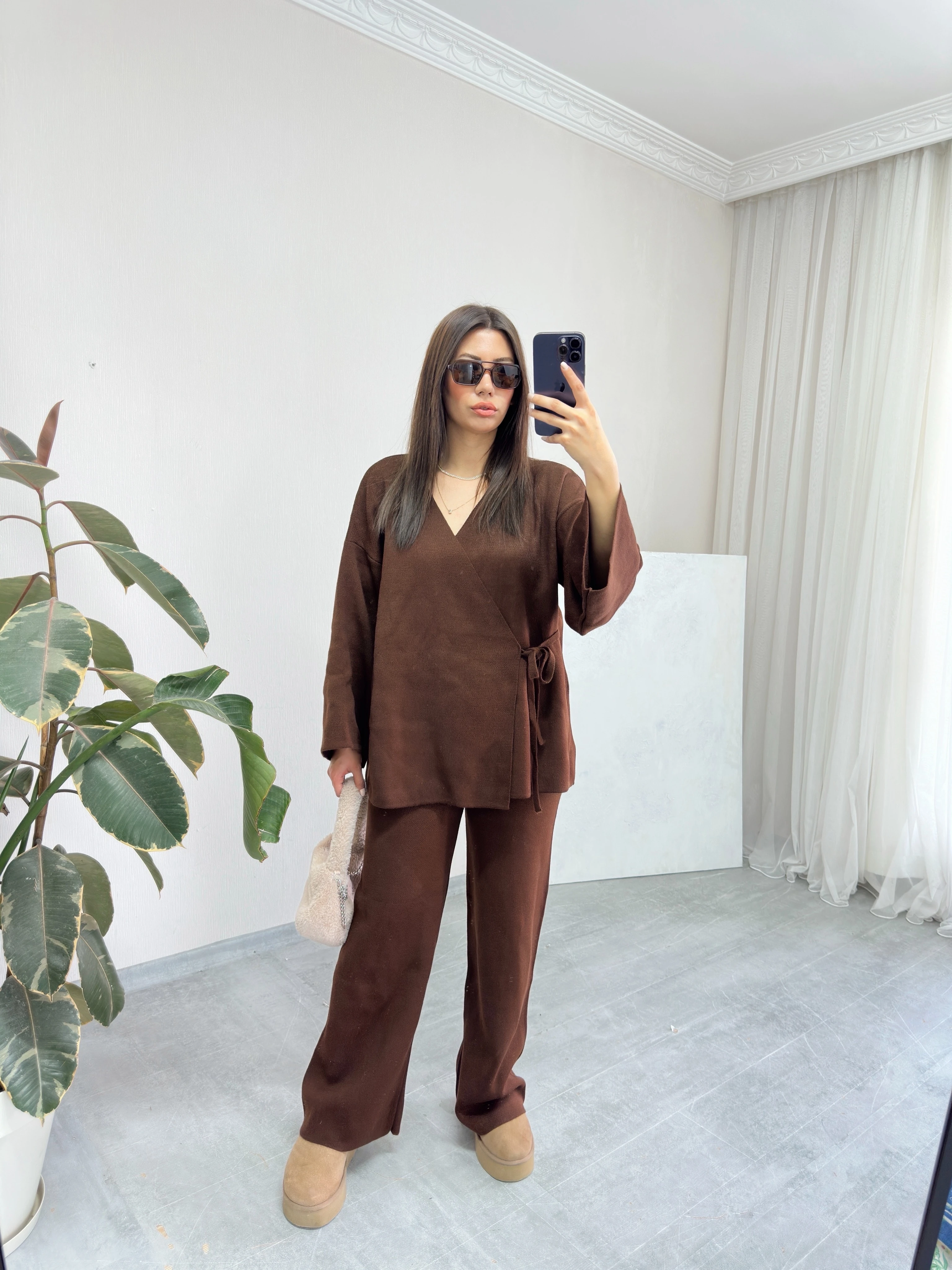 Kahverengi Triko Kimono Pantolon Takım