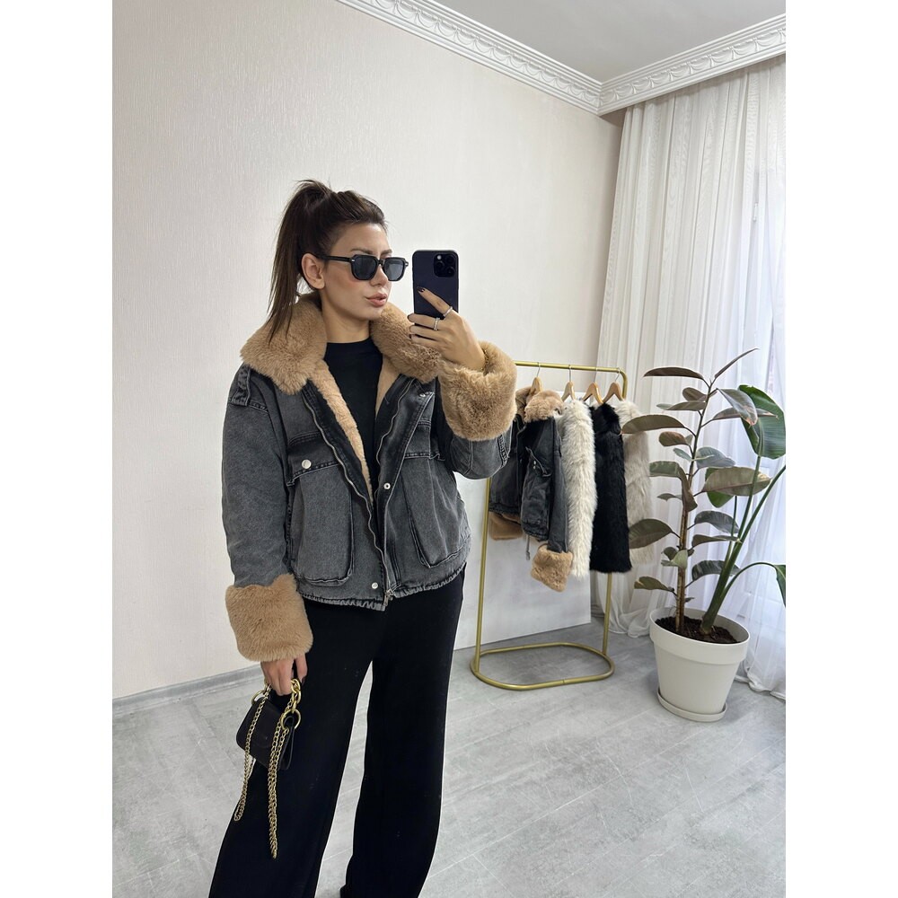 Kürk Detaylı Denim Mont