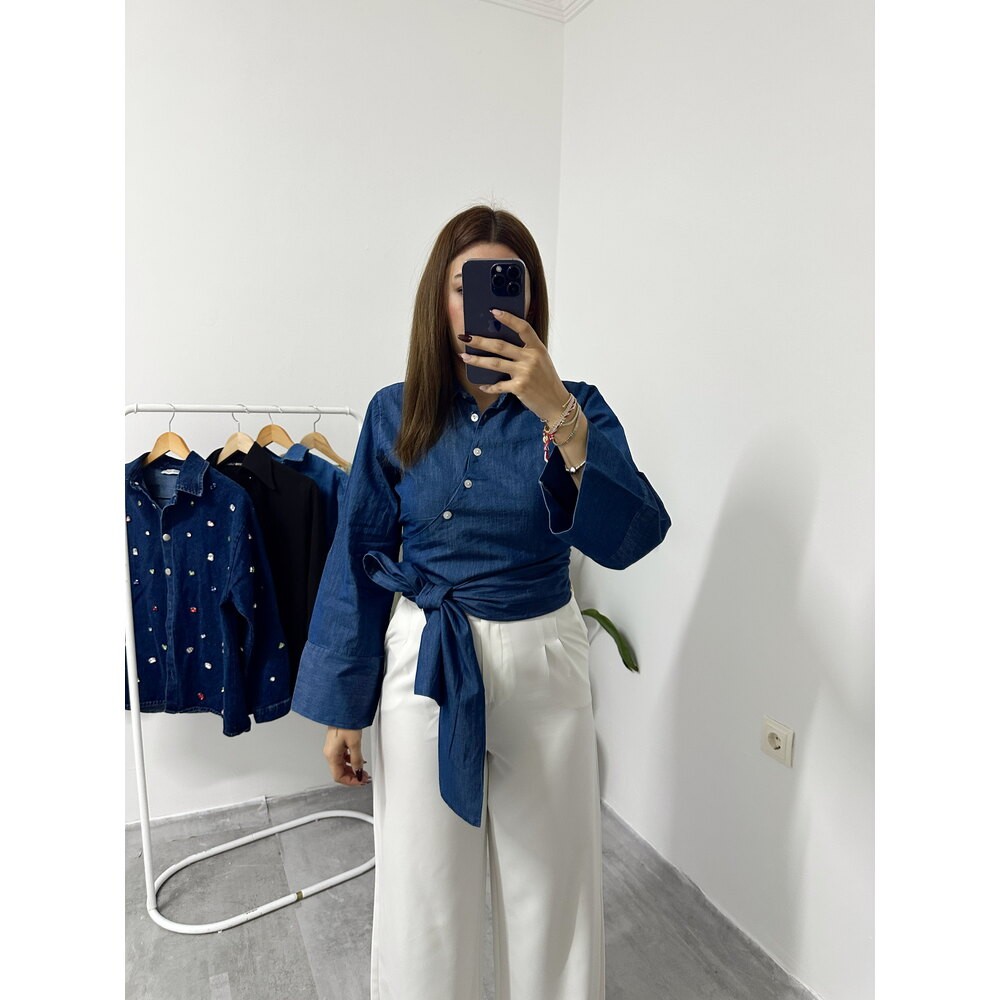 Yandan Bağlamalı Denim Gömlek