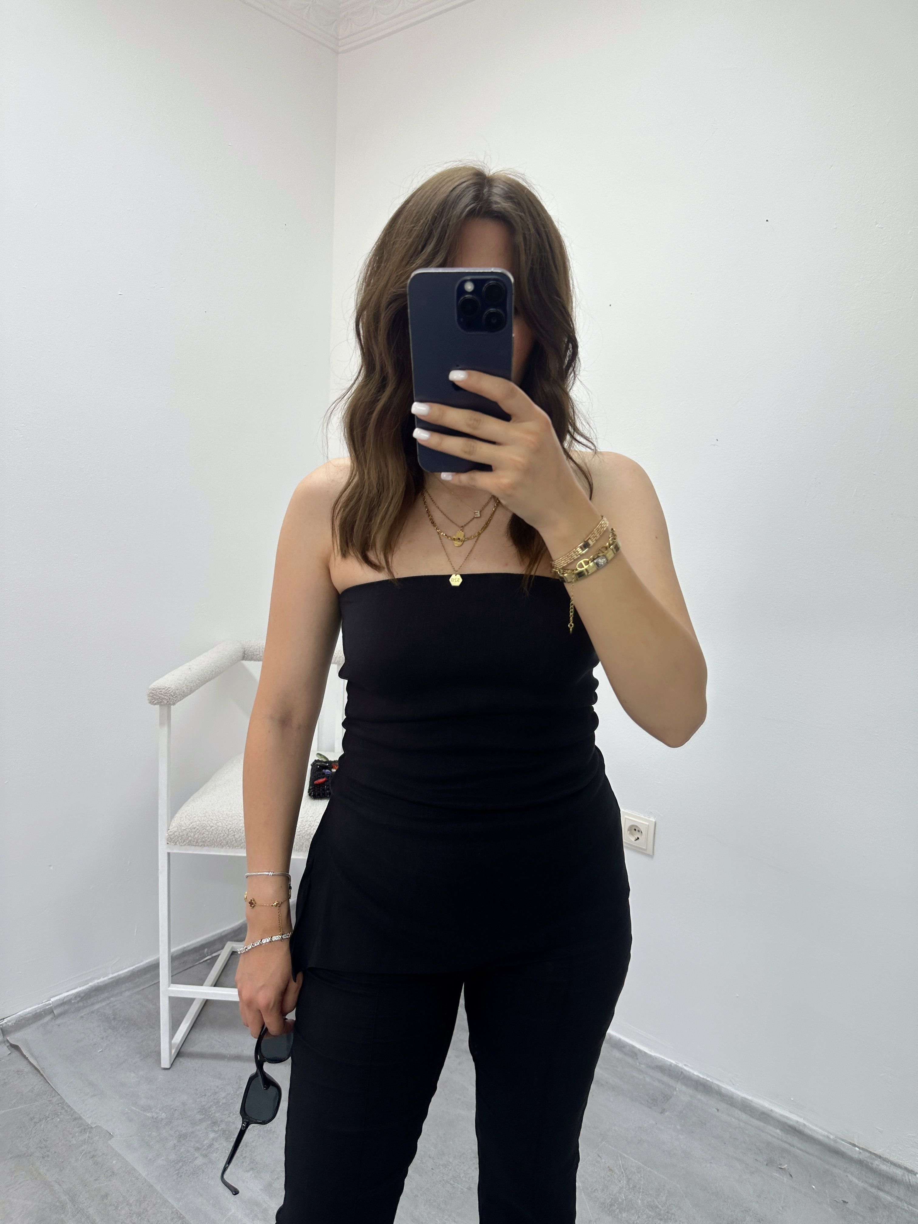 zara straplez bluz pantolon takım