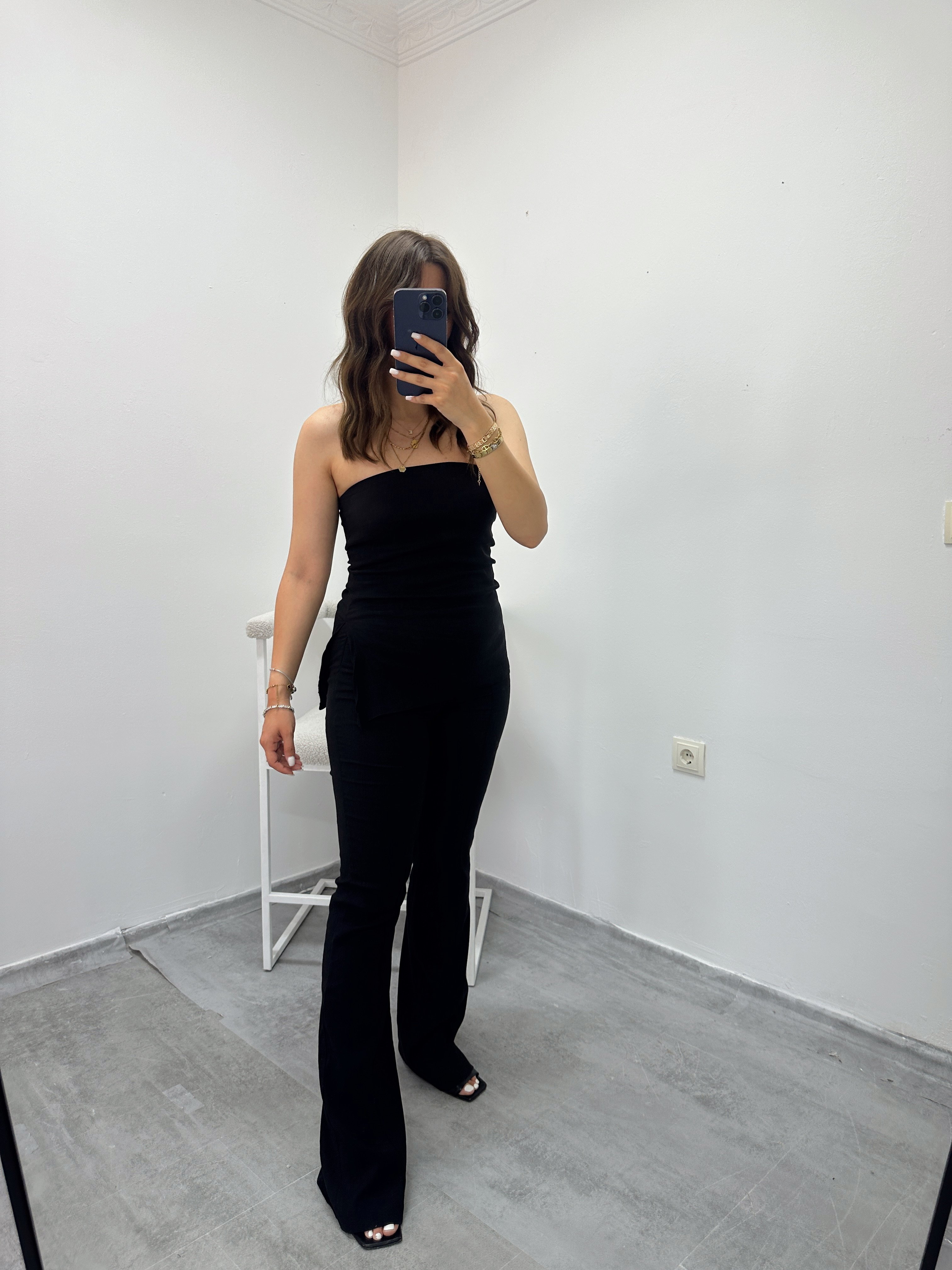 zara straplez bluz pantolon takım