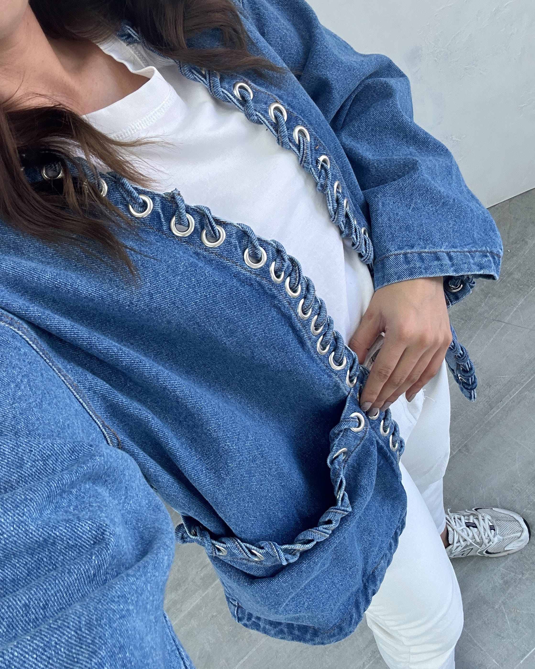 Kuş Gözü Detaylı Denim Ceket 