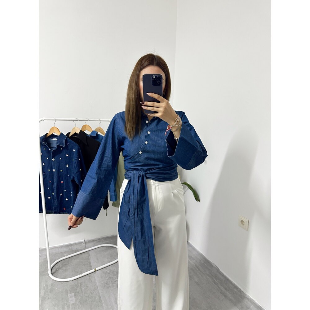 Yandan Bağlamalı Denim Gömlek