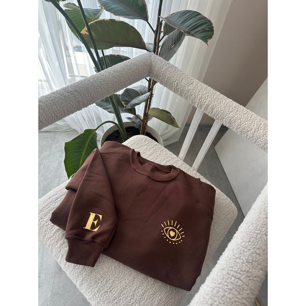 Gold Baskılı | Kişiye Özel Harfli Kahverengi Sweat