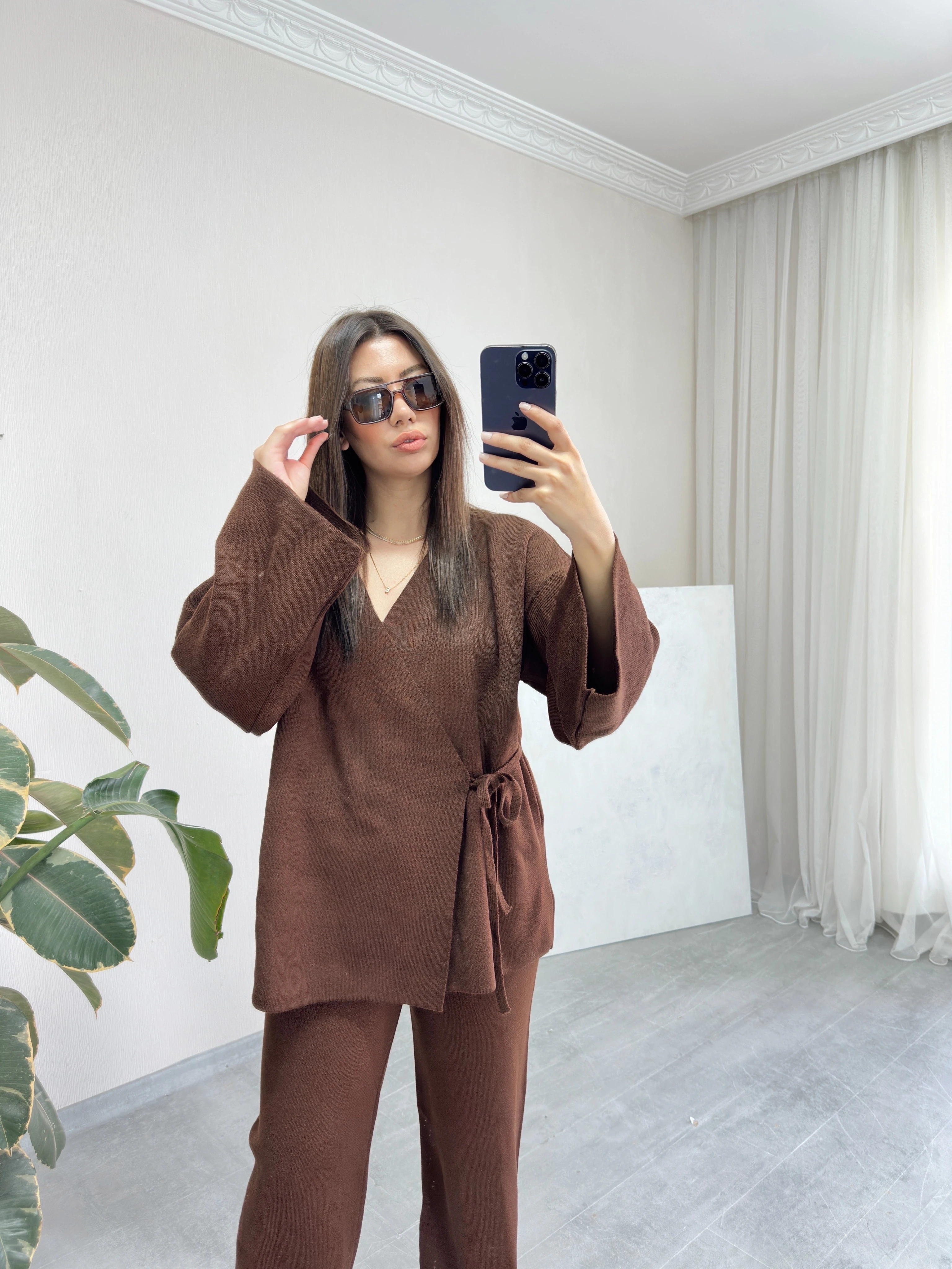 Kahverengi Triko Kimono Pantolon Takım