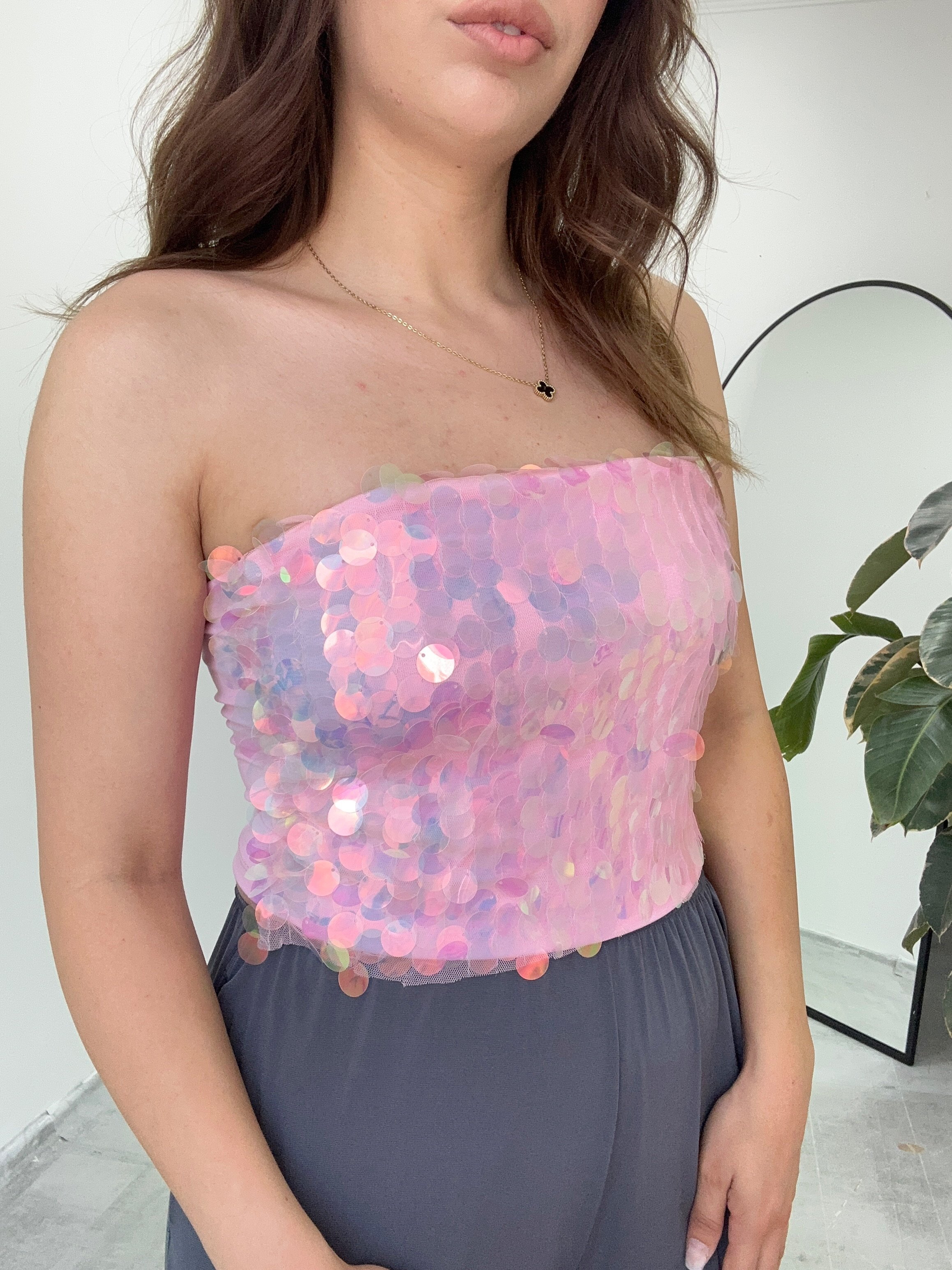 Parapul Payet Kumaş Hologram Straplez Bluz