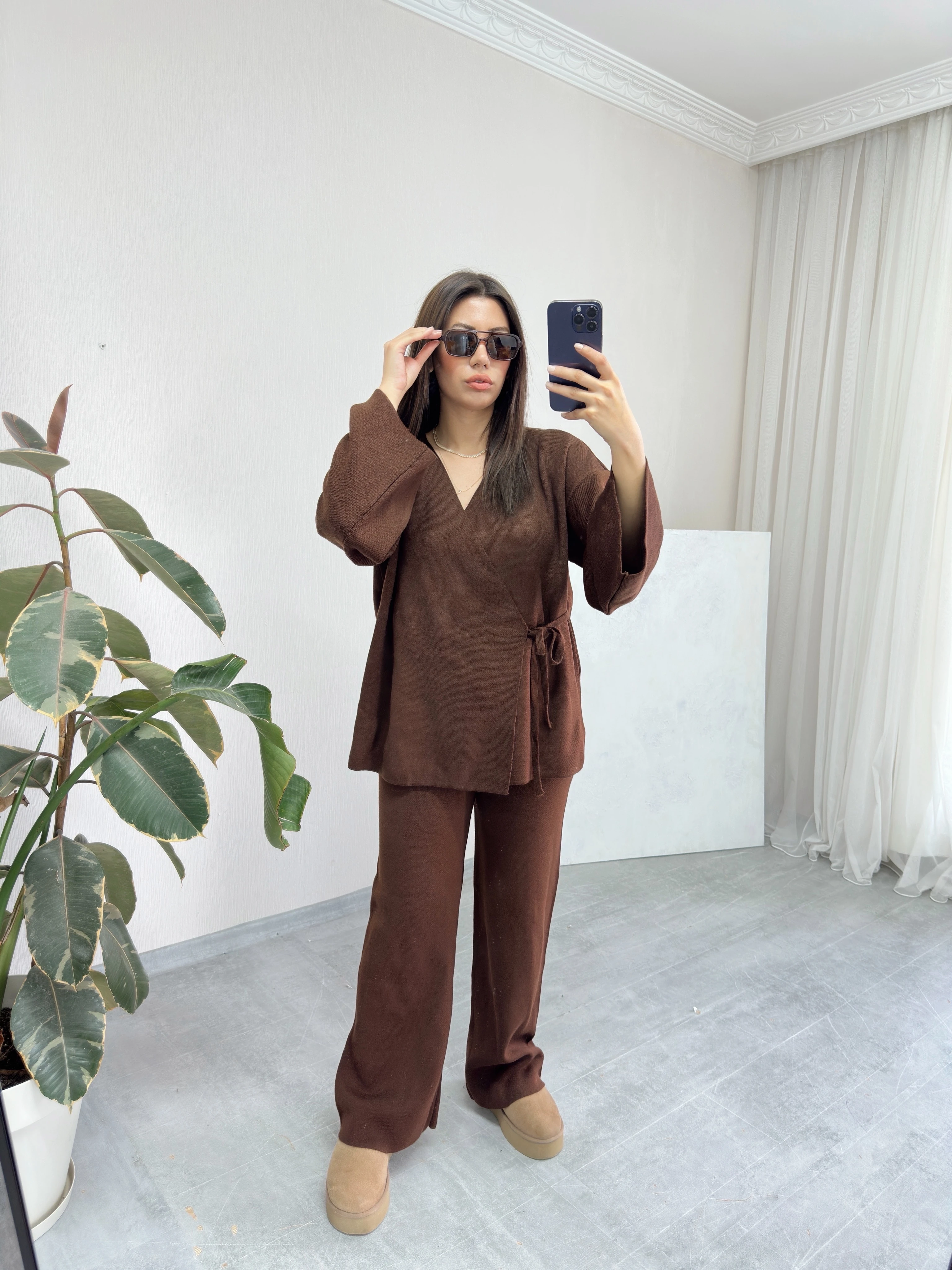 Kahverengi Triko Kimono Pantolon Takım