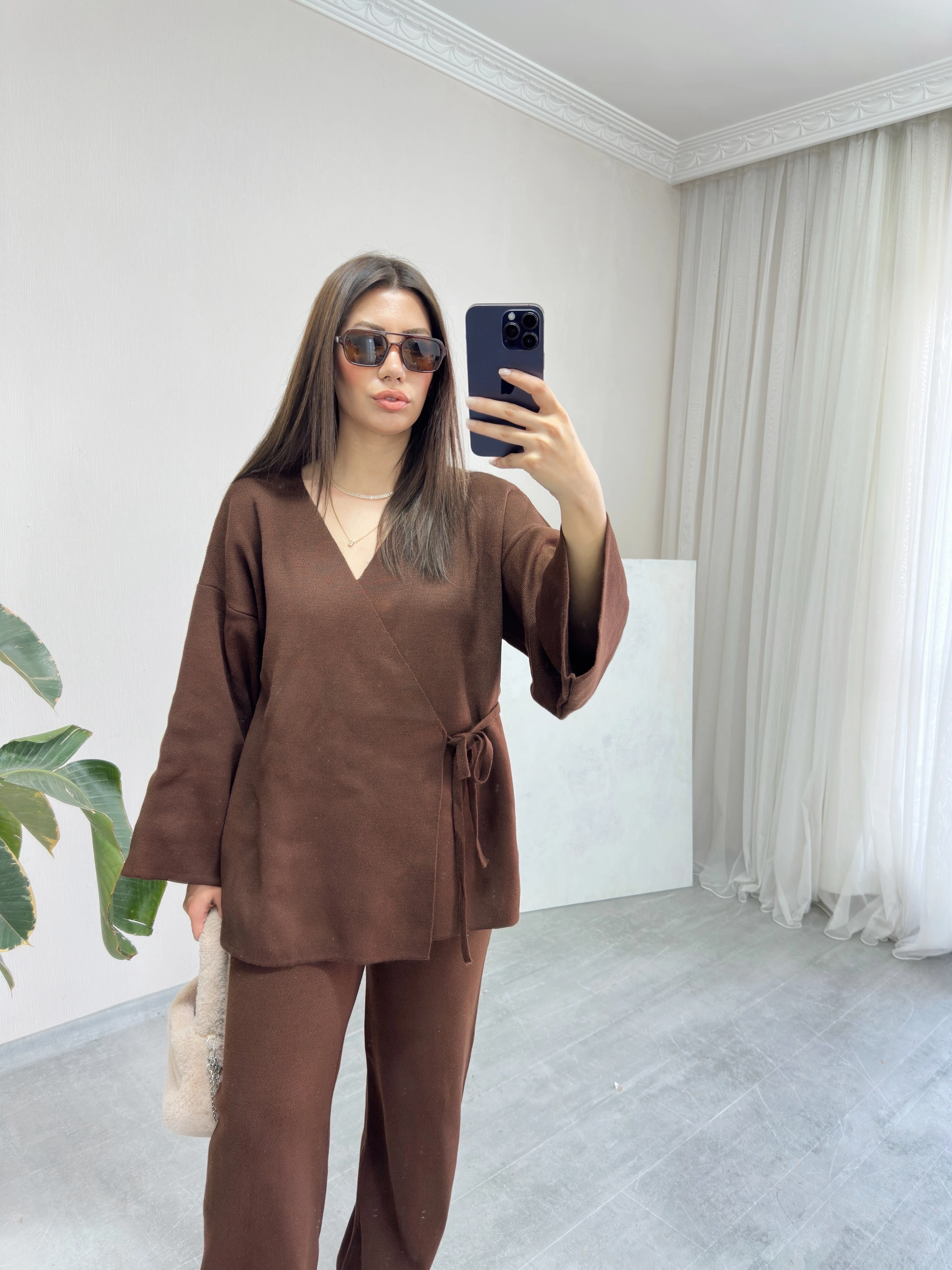 Kahverengi Triko Kimono Pantolon Takım