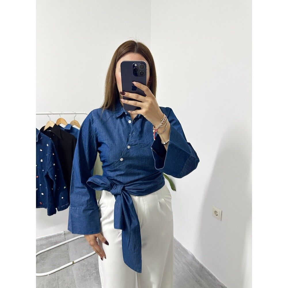 Yandan Bağlamalı Denim Gömlek
