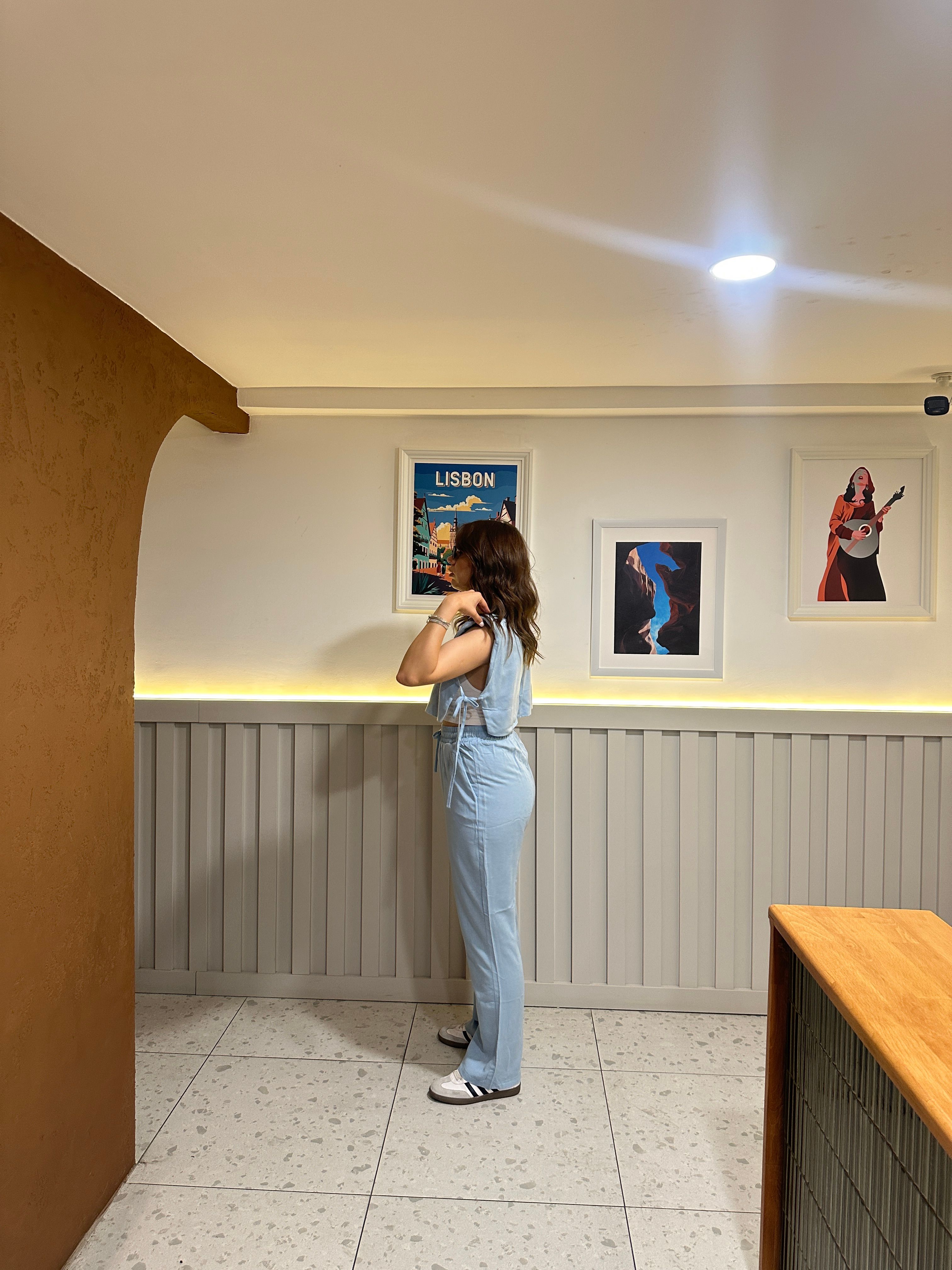 Bebek Mavisi Yandan Bağlama Detaylı Pamuk Keten Takım