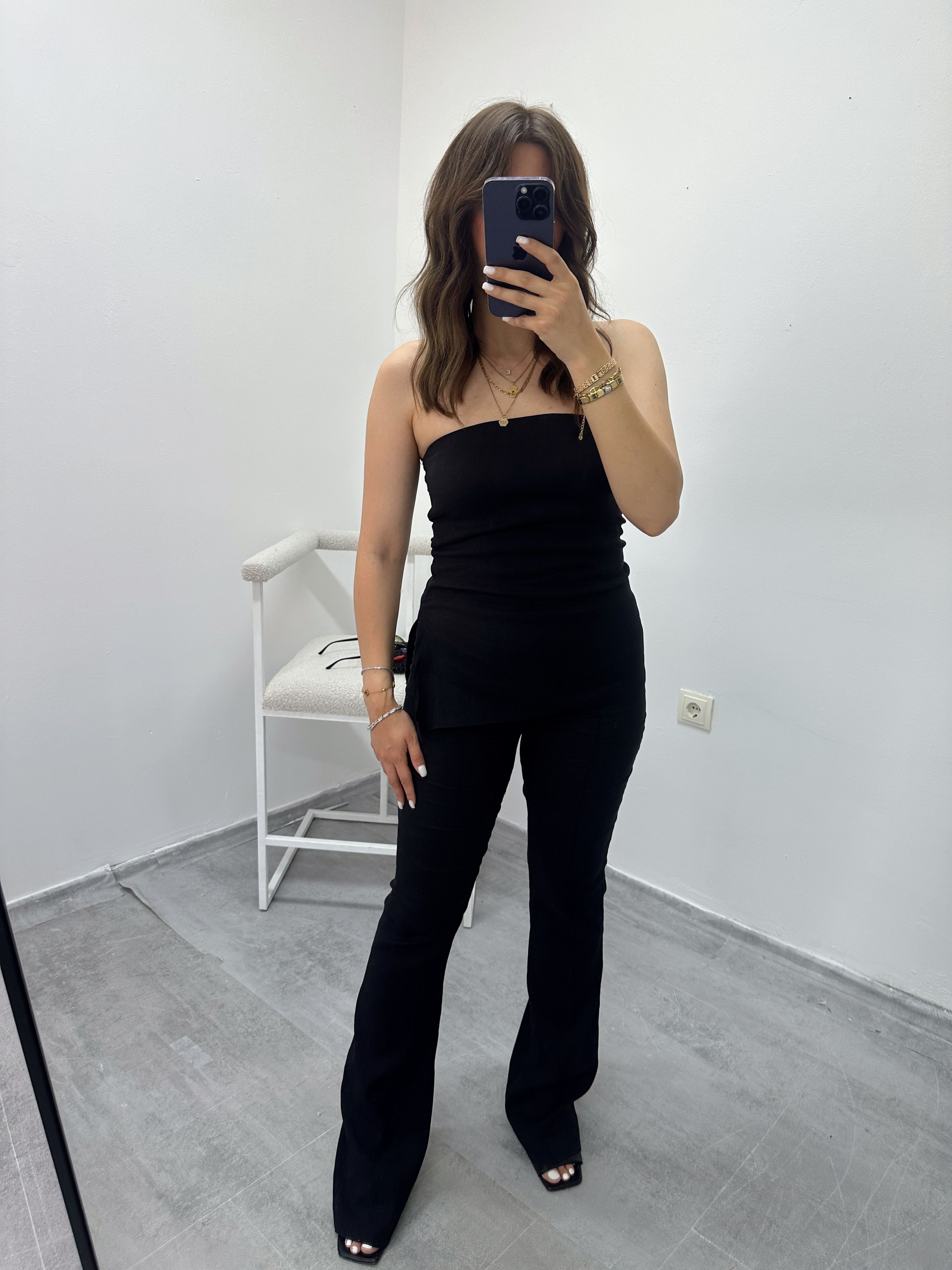 zara straplez bluz pantolon takım
