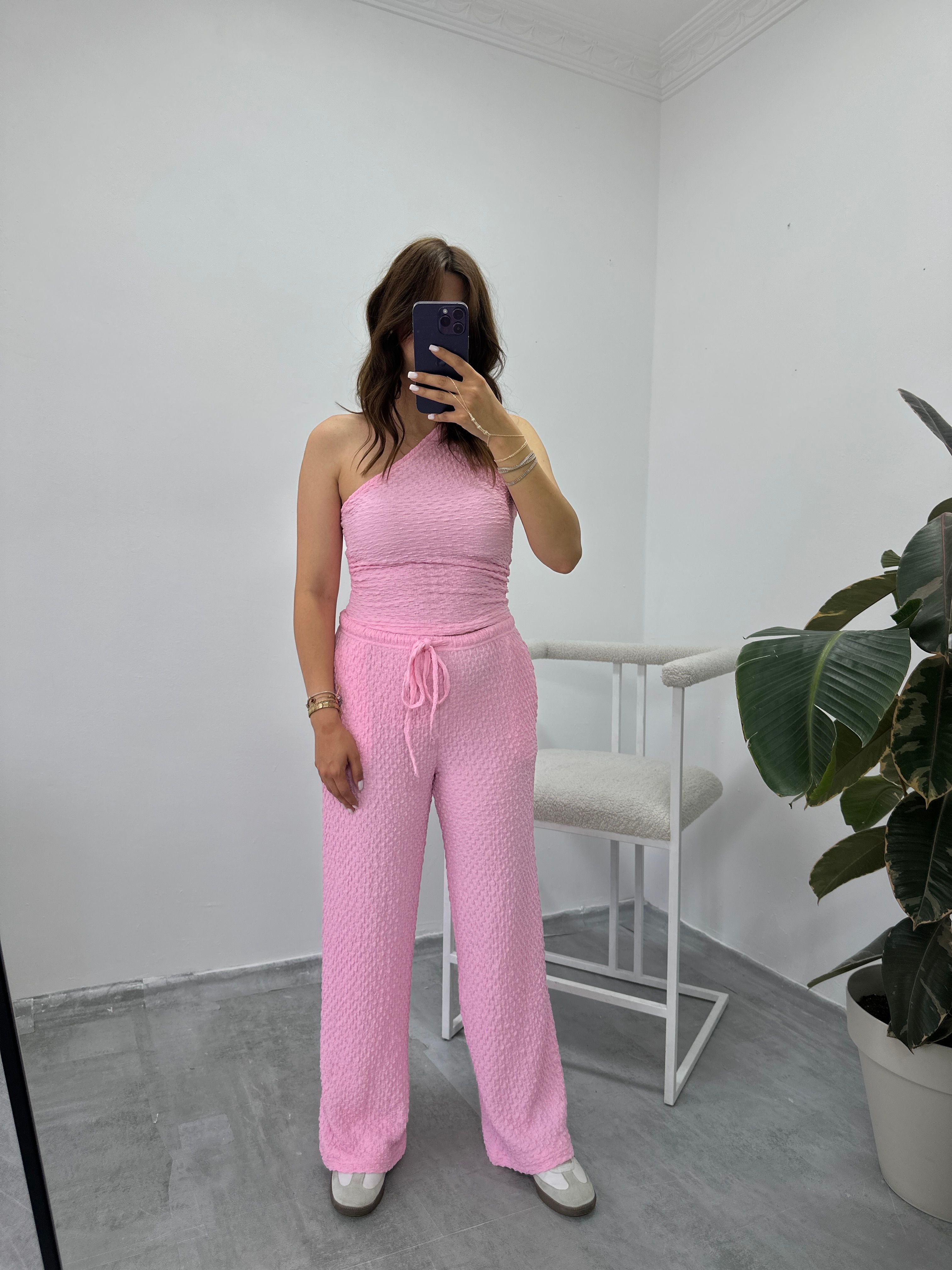 Tek Omuz Bluz Gofre Takım - pembe