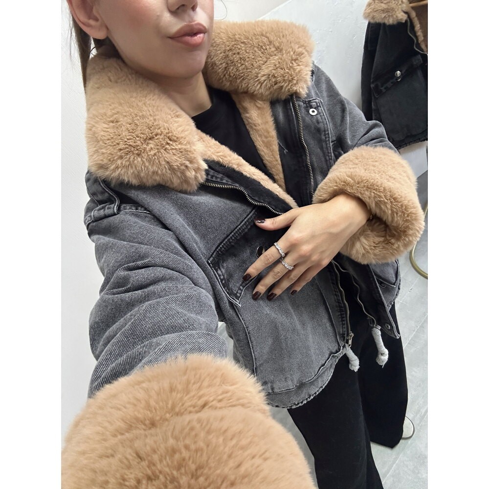 Kürk Detaylı Denim Mont