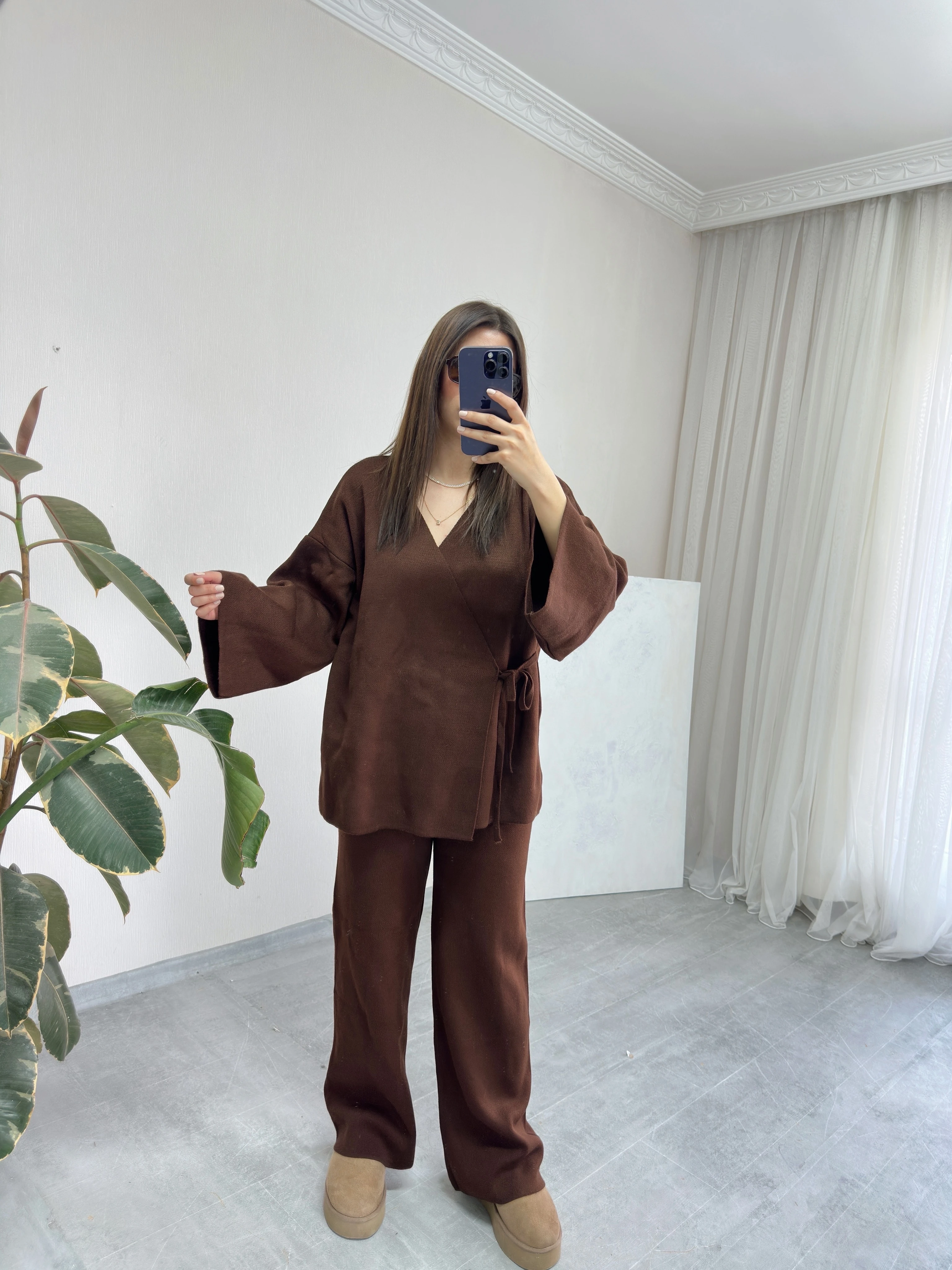 Kahverengi Triko Kimono Pantolon Takım