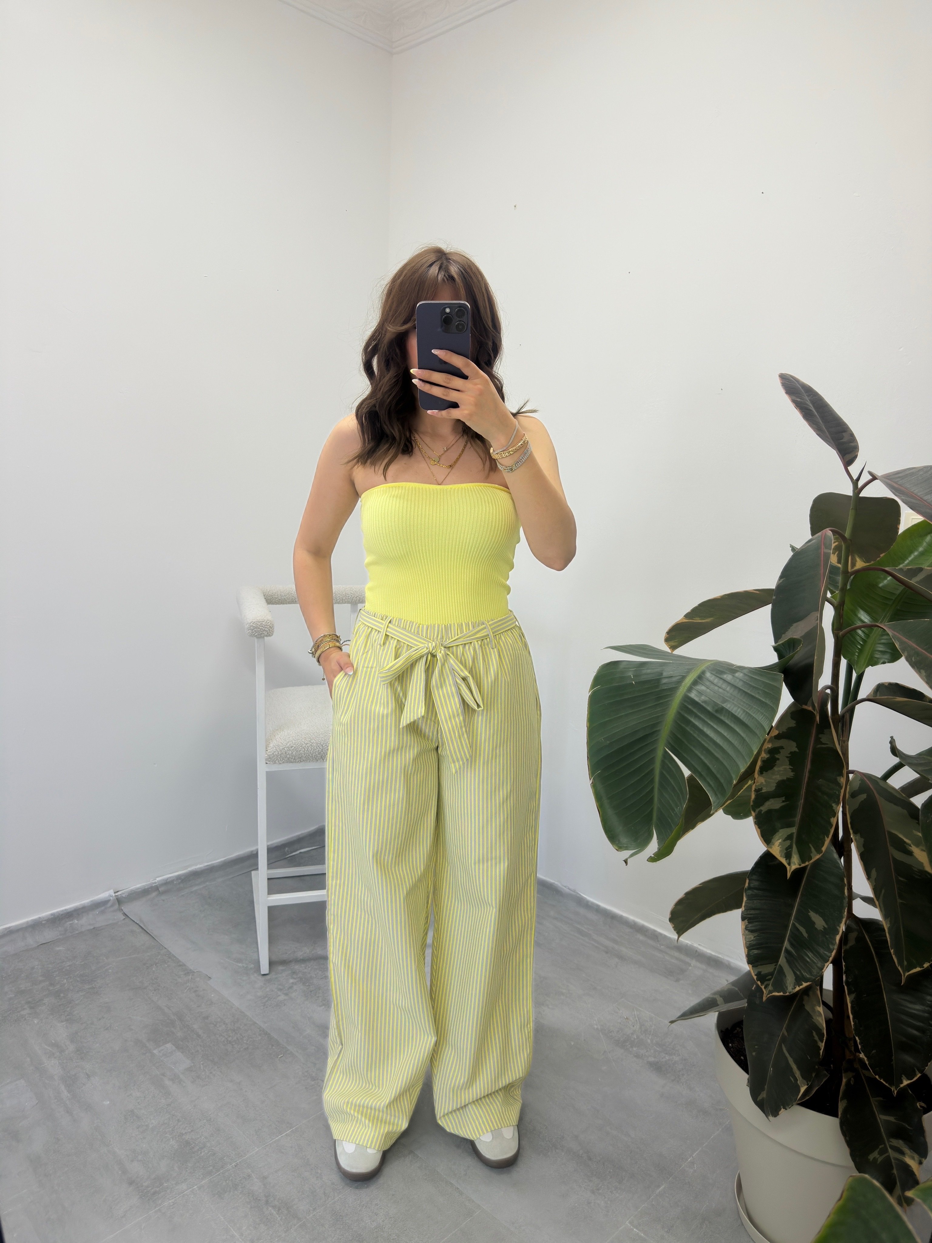 Kemerli Çizgili Poplin Pantolon 