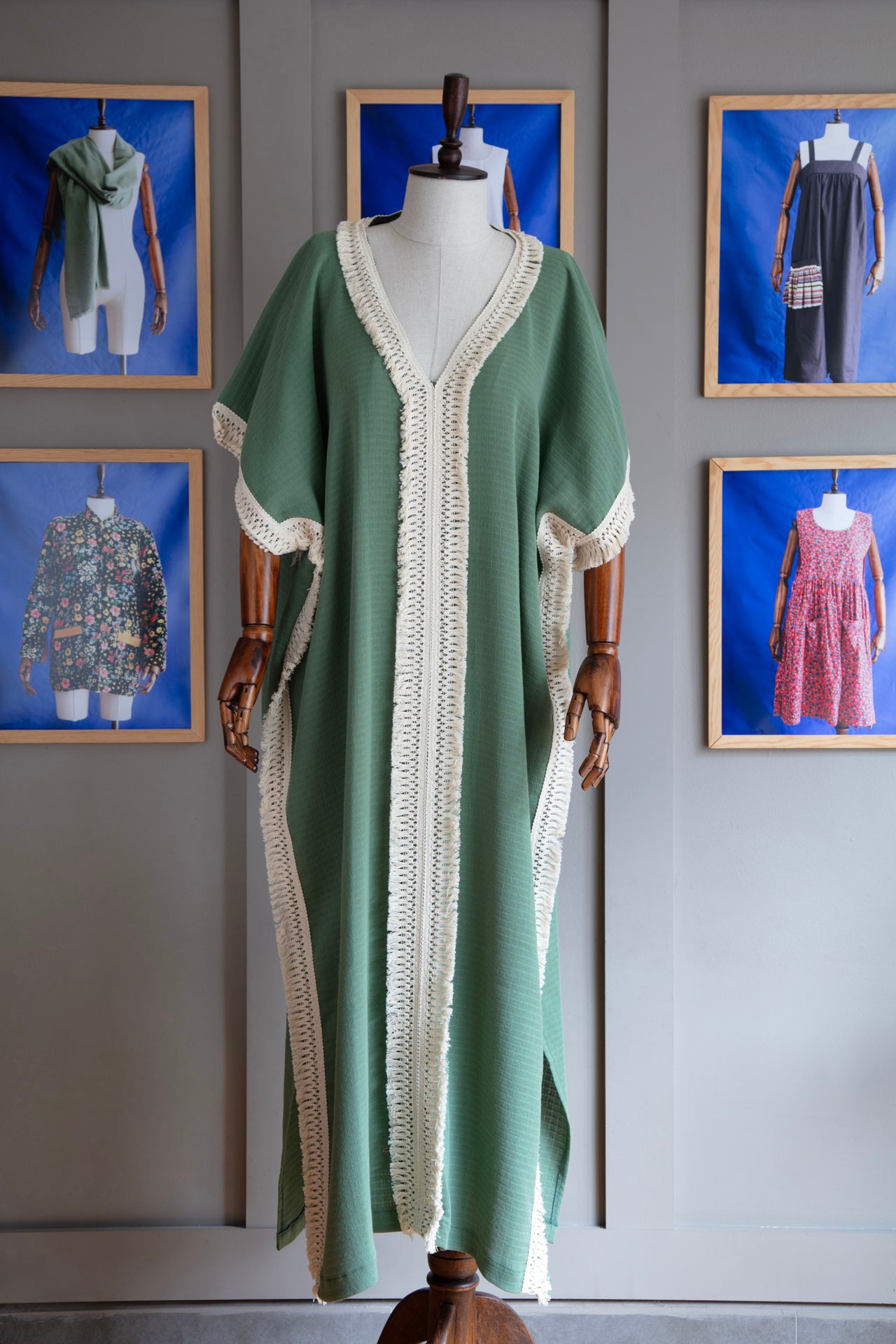 Nirmal Püsküllü Kaftan Yeşil Uzun