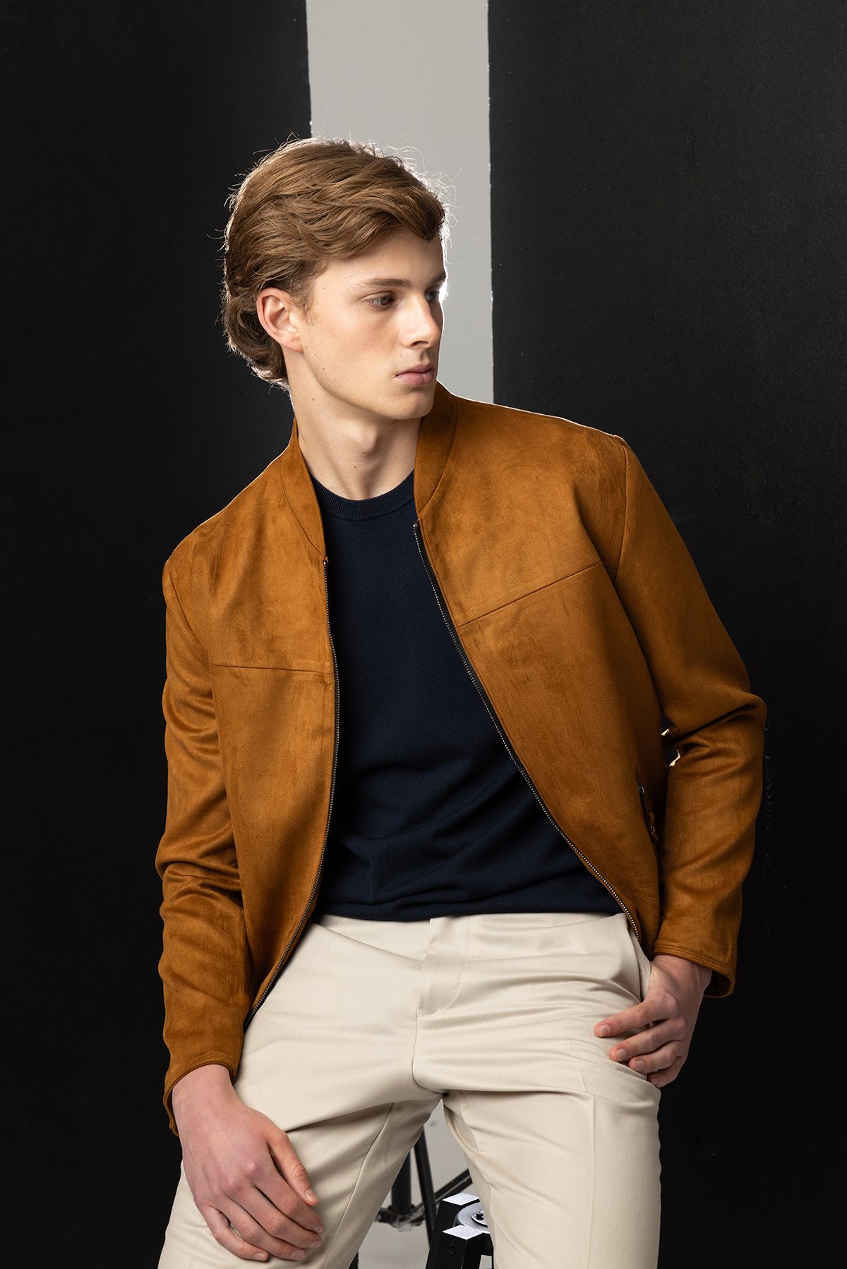 İtalyan Stil Slim Fit Mevsimlik Süet Mont İnce Taba Ceket 5095-P08-04