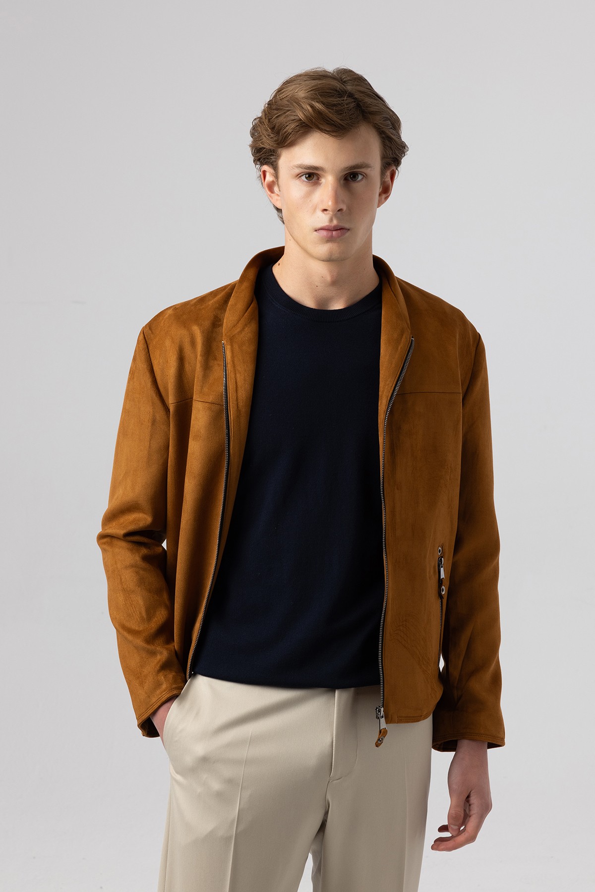 İtalyan Stil Slim Fit Mevsimlik Süet Mont İnce Taba Ceket 5095-P08-04