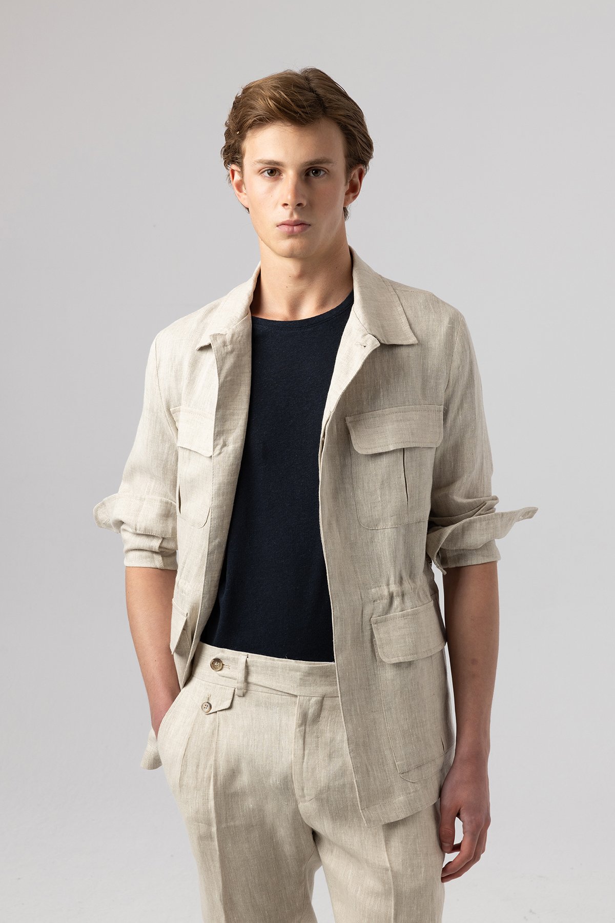 İtalyan Stil Slim Fit Keten Taş Safari Ceket 5253-14