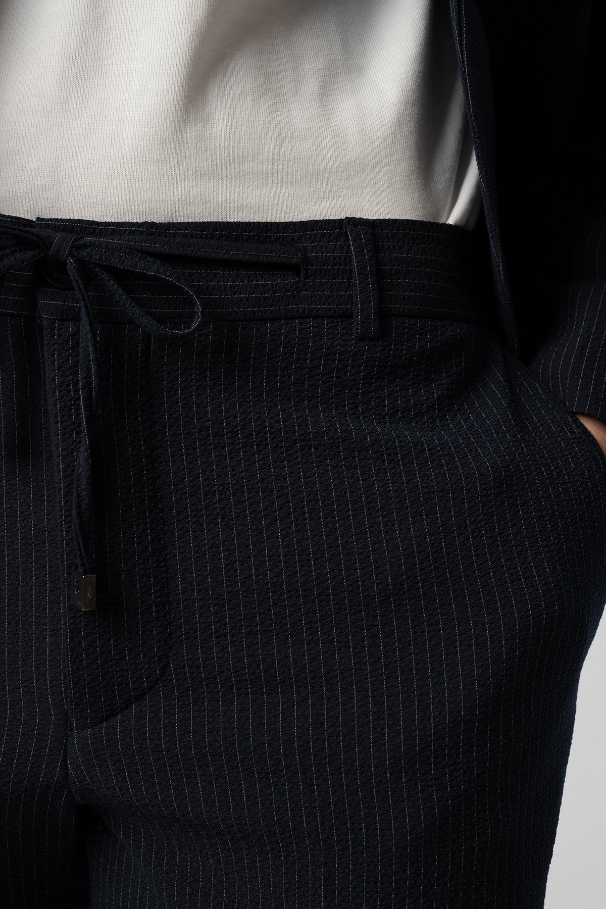 Comfortable Fit Pantolon Bağcıklı Lacivert Çizgili Gofre Spor Takım 10001-16