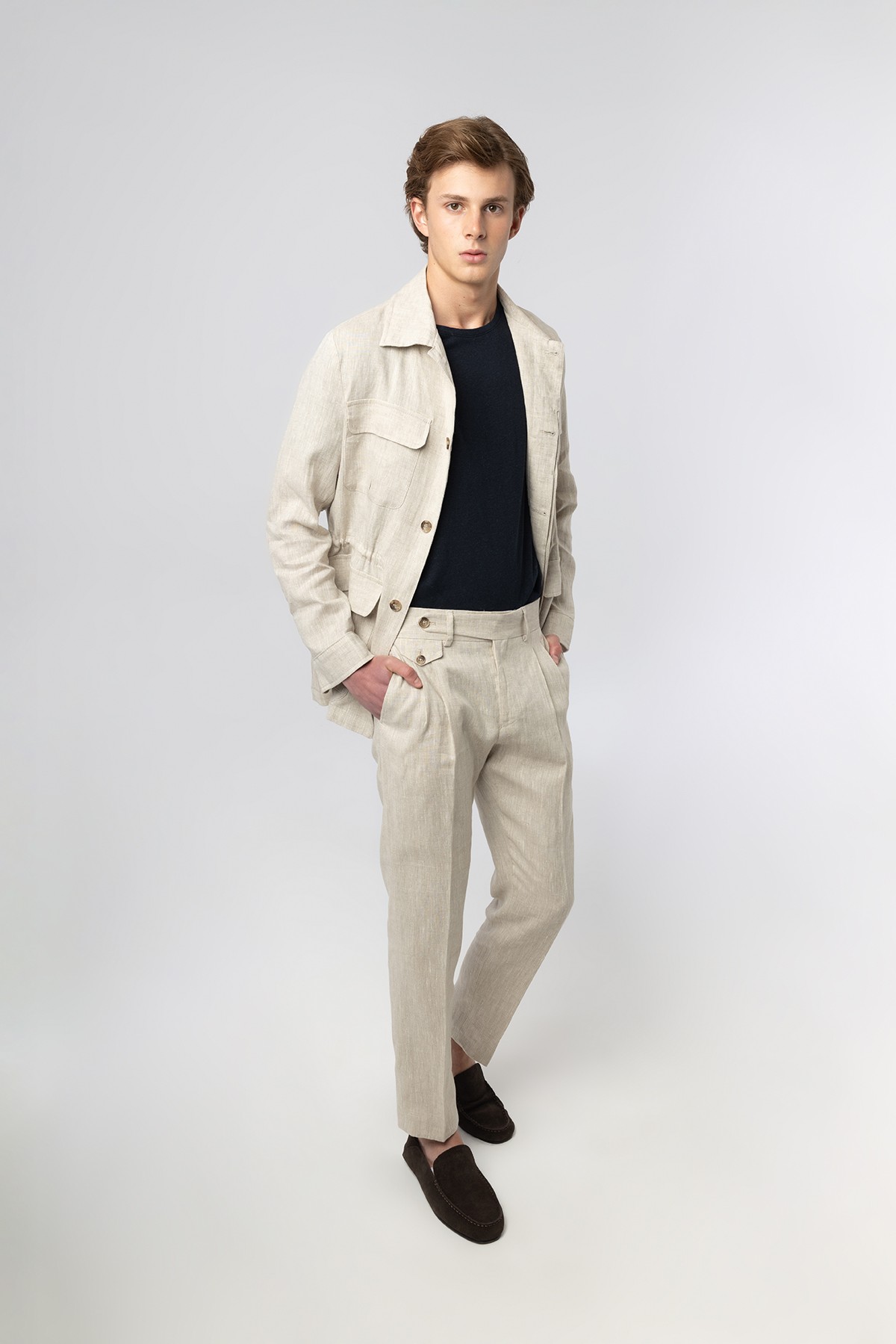 İtalyan Stil Slim Fit Keten Taş Safari Ceket 5253-14