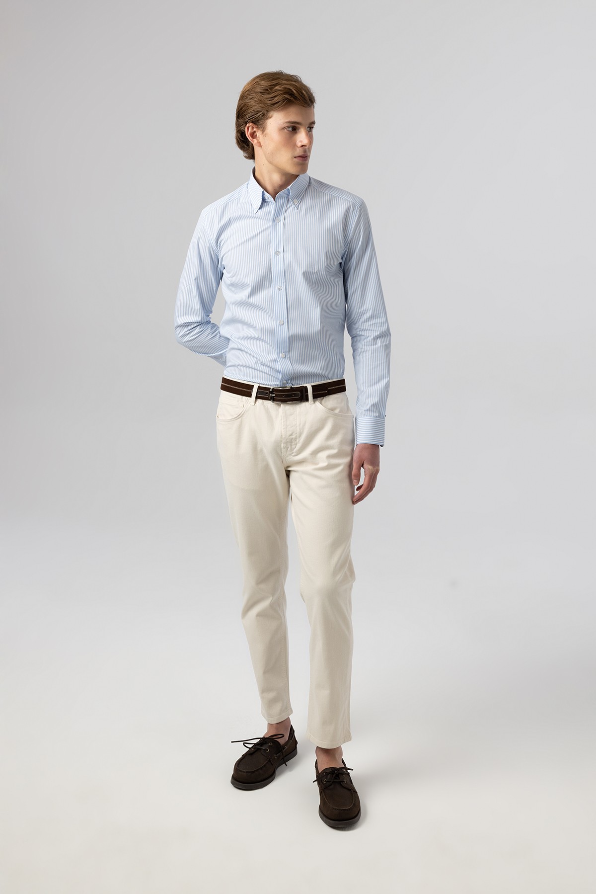 Slim Fit Klasik Pamuk-Saten Mavi Beyaz Çizgili Gömlek 4002-214