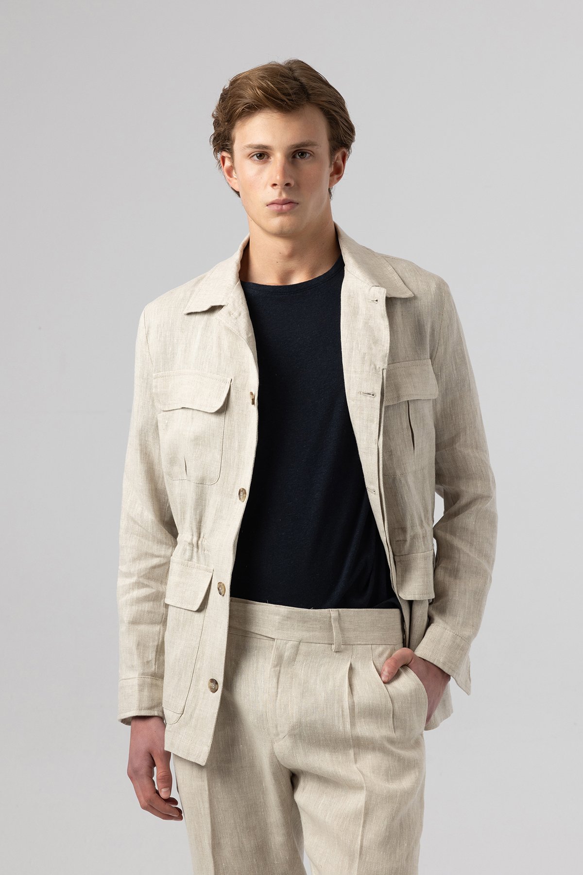 İtalyan Stil Slim Fit Keten Taş Safari Ceket 5253-14