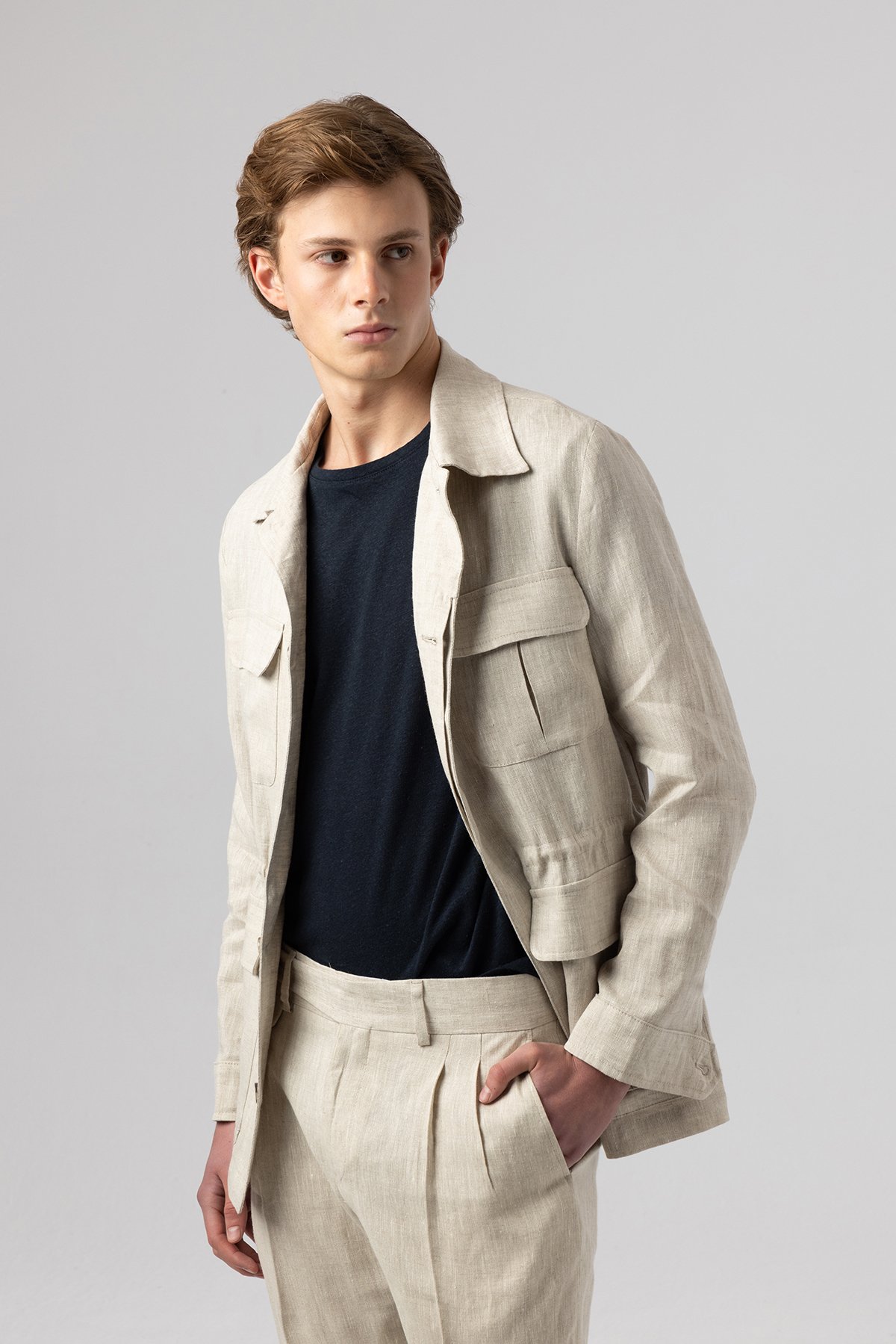 İtalyan Stil Slim Fit Keten Taş Safari Ceket 5253-14