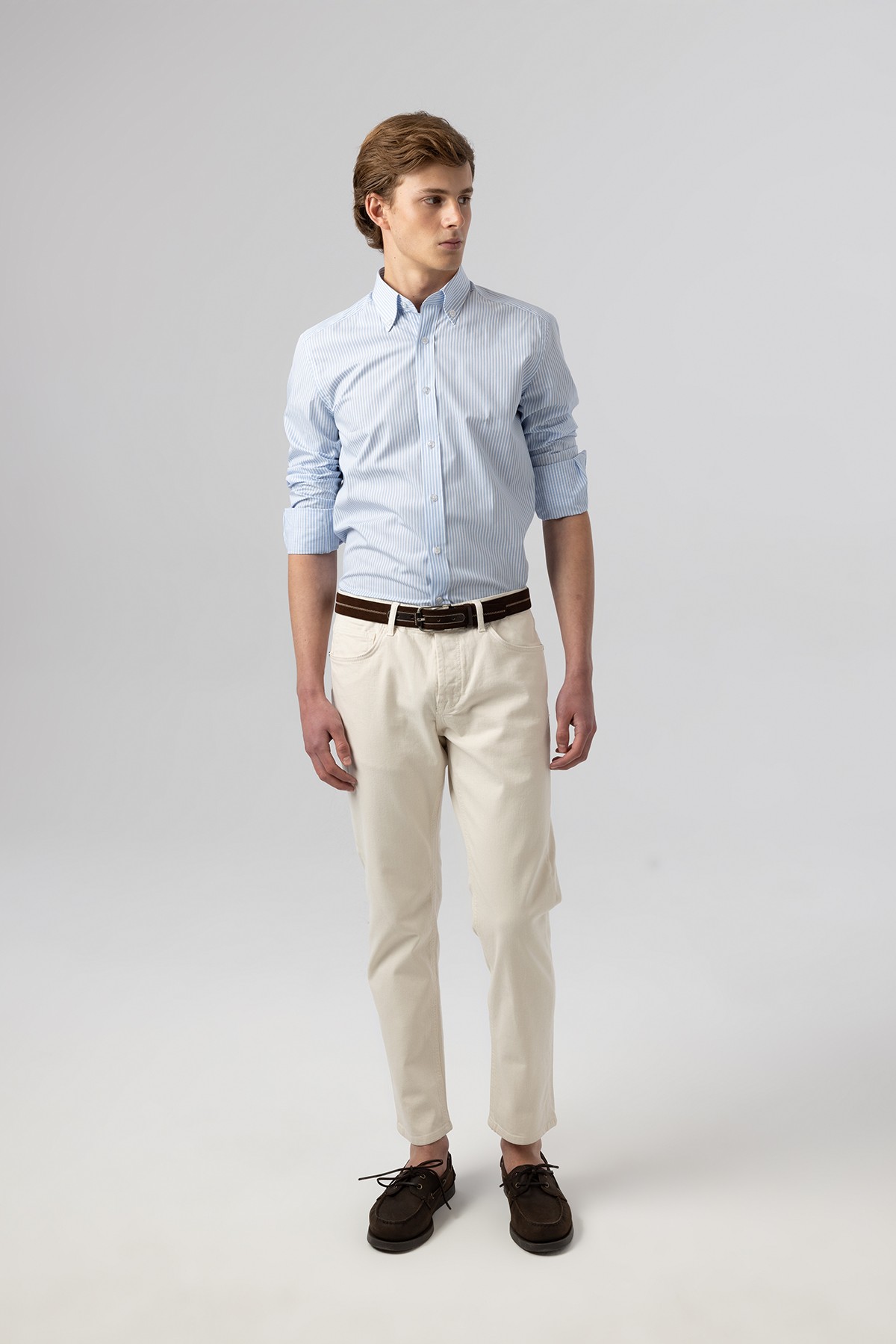 Slim Fit Klasik Pamuk-Saten Mavi Beyaz Çizgili Gömlek 4002-214