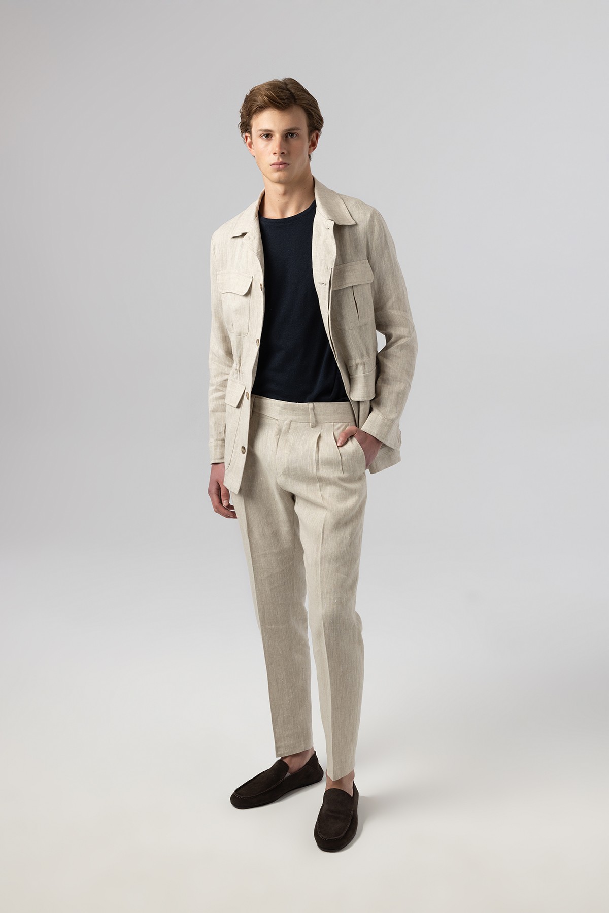 İtalyan Stil Slim Fit Keten Taş Safari Ceket 5253-14 main variant image