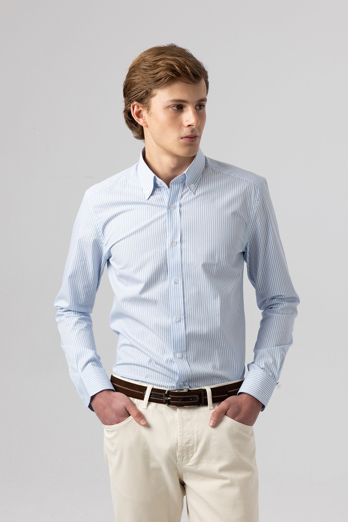 Slim Fit Klasik Pamuk-Saten Mavi Beyaz Çizgili Gömlek 4002-214