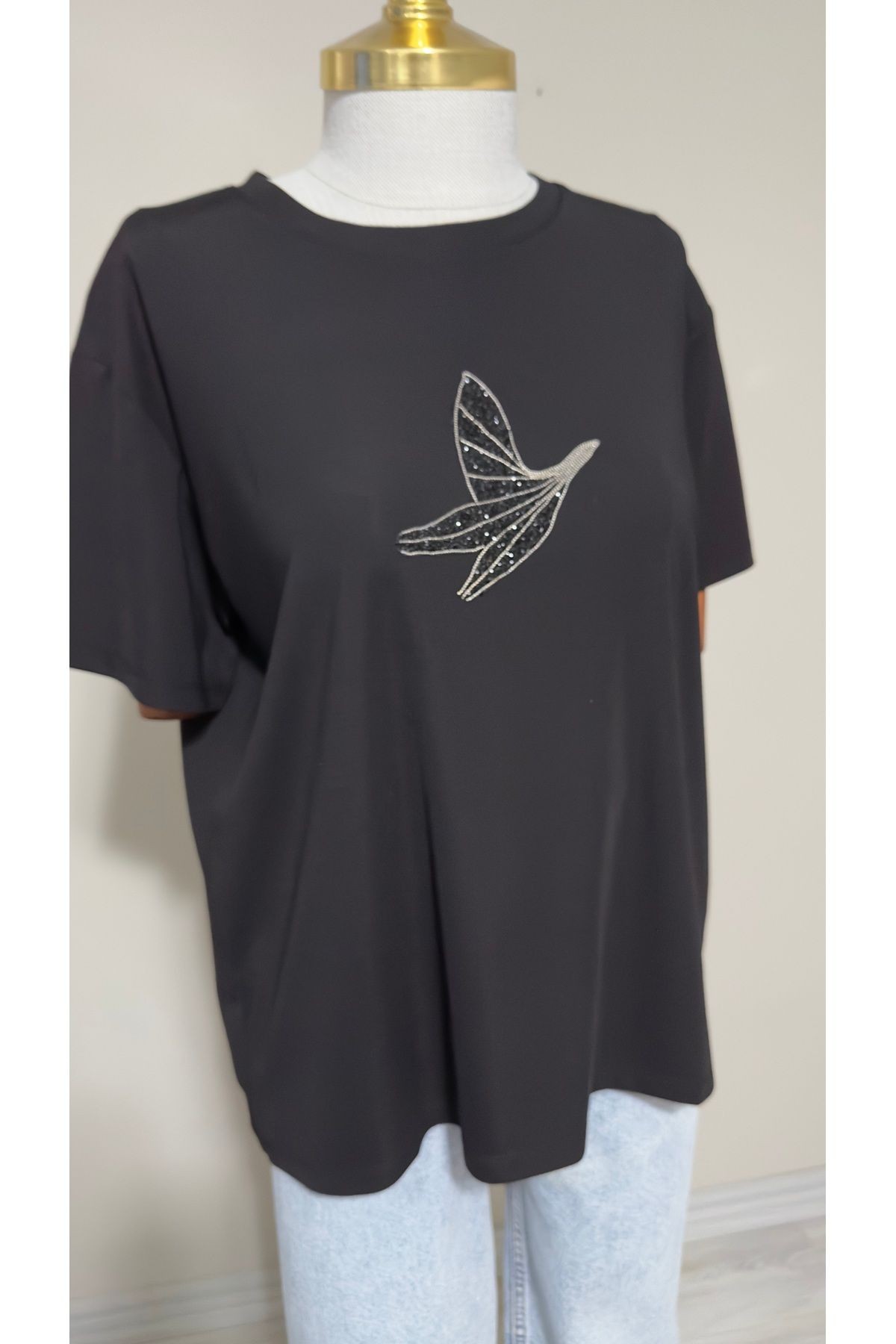 Kuş motifli taşlı penye tshirt