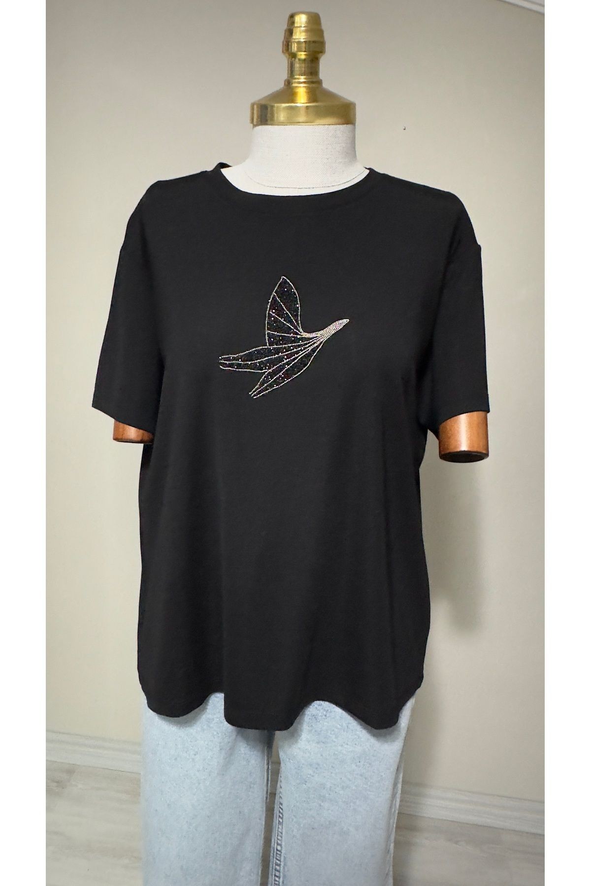 Kuş motifli taşlı penye tshirt