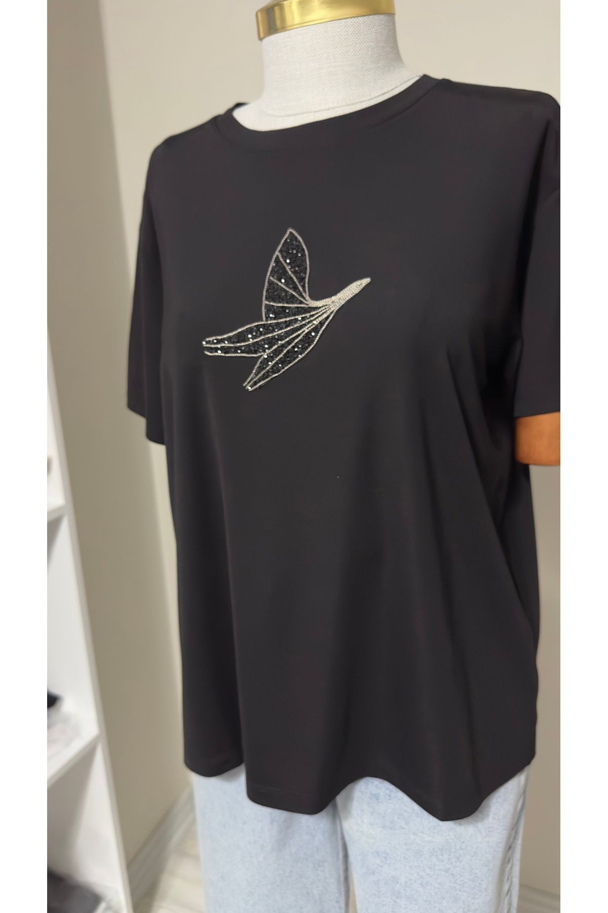 Kuş motifli taşlı penye tshirt