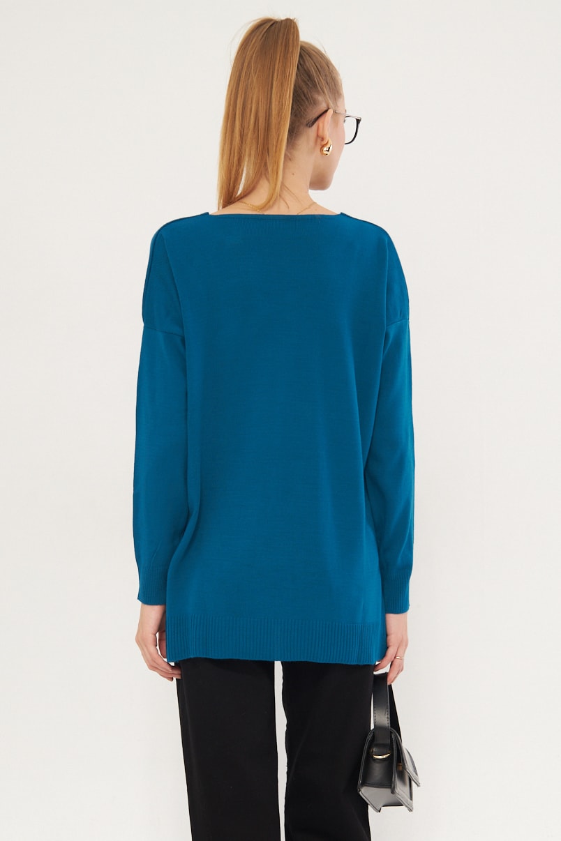 Kadın Petrol V Yaka Ön Kısa Arkası Uzun Triko Kazak ARM-22Y012013