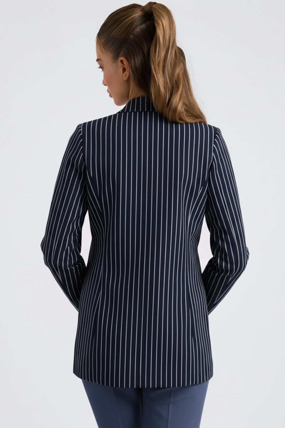 Kadın Lacivert Oversize Duble Kol Kruvaze Yaka Astarlı Blazer Ceket ARM-26K001052