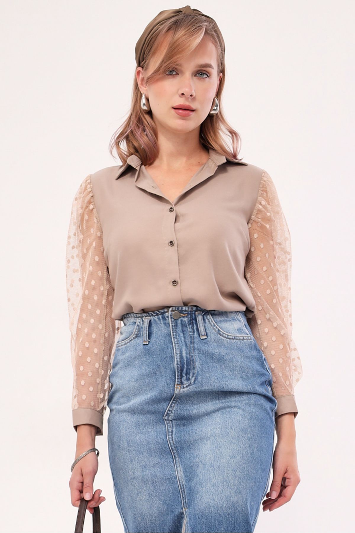 Kadın Bej Kolları Tül Gömlek ARM-20K001068