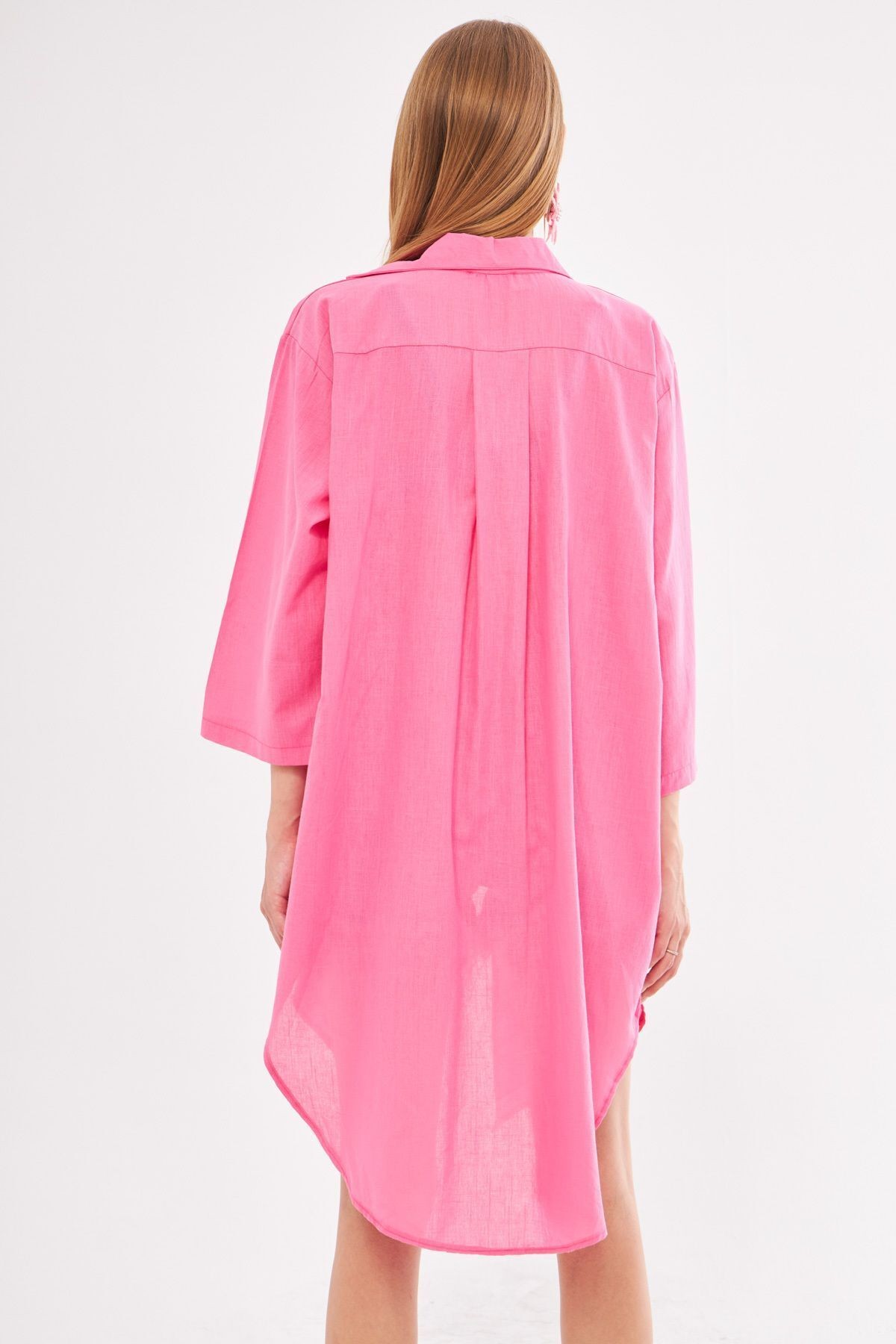 Kadın Fuşya Önden Bağlamalı İnce Keten Kumaş Midi Boy Kimono Gömlek ARM-24Y001081
