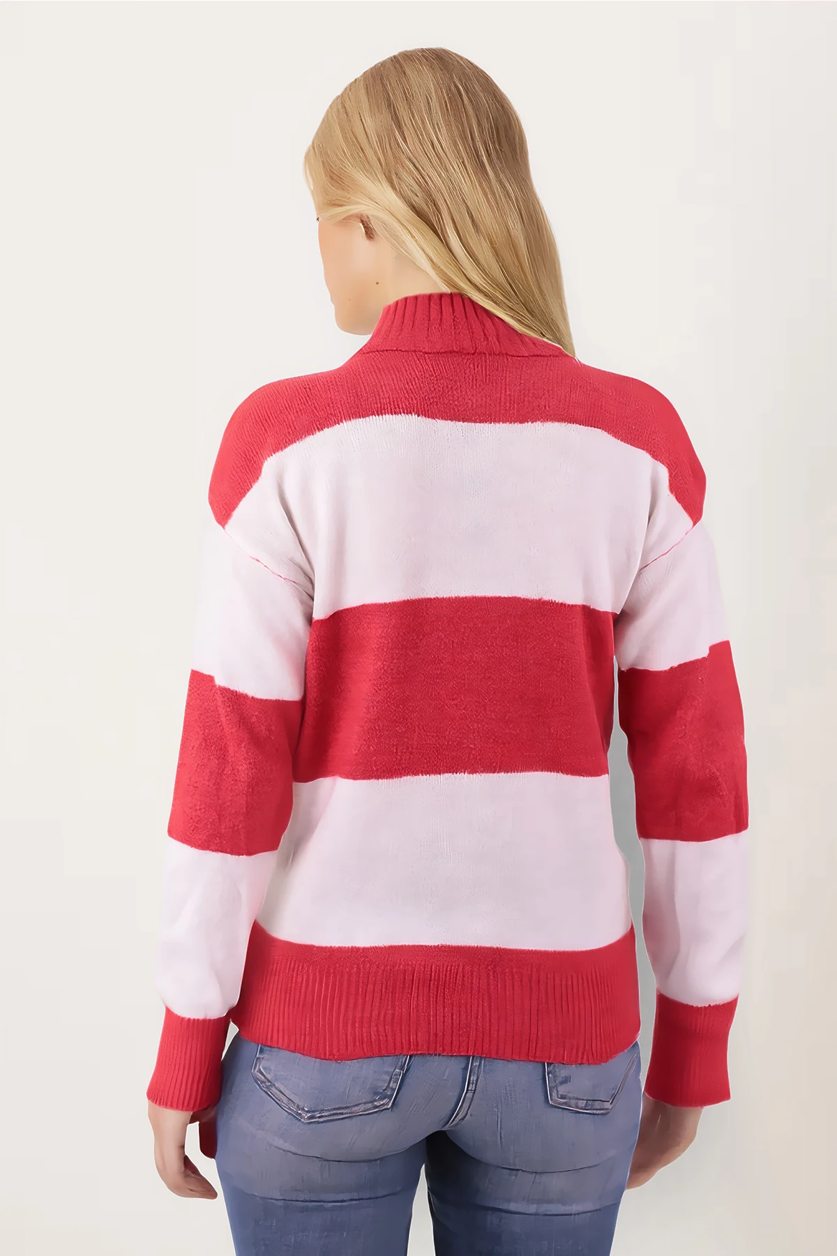 Kadın Kırmızı Dik Yaka İki Renkli Triko Kazak ARM-26K136061