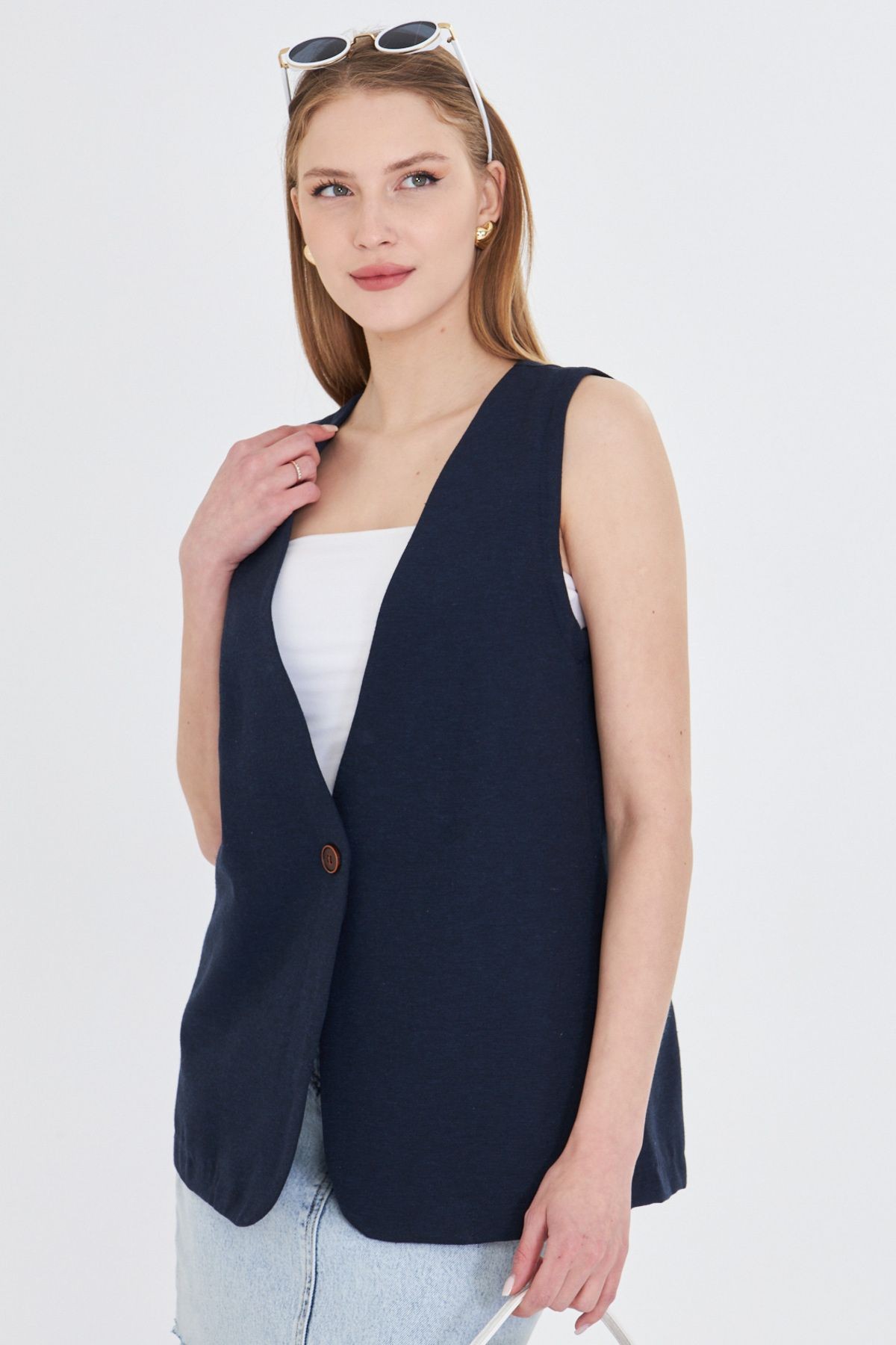 Kadın Lacivert V Yaka Tek Düğme Oversize Yelek ARM-25Y001036
