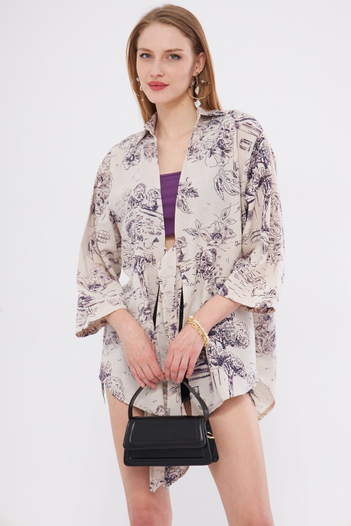 Kadın Mor Desenli Keten Görünümlü Önden Bağlamalı Kimono Gömlek ARM-24Y001079