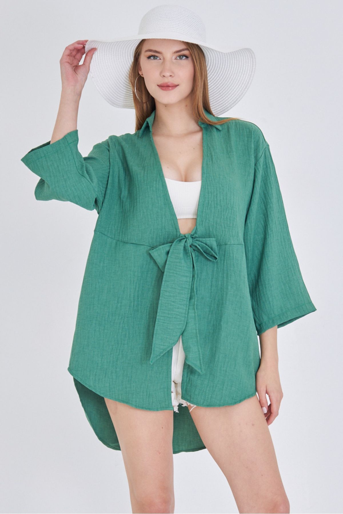 Kadın Koyu Yeşil Keten Görünümlü Önden Bağlamalı Kimono Gömlek ARM-24Y001063