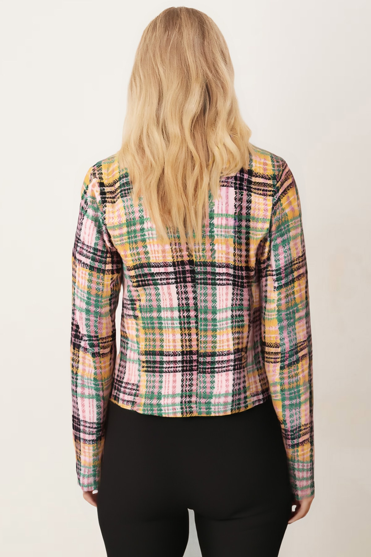 Kadın Gülkurusu-Yeşil Kruvaze Yaka Tüvit Crop Ceket ARM-24K001014