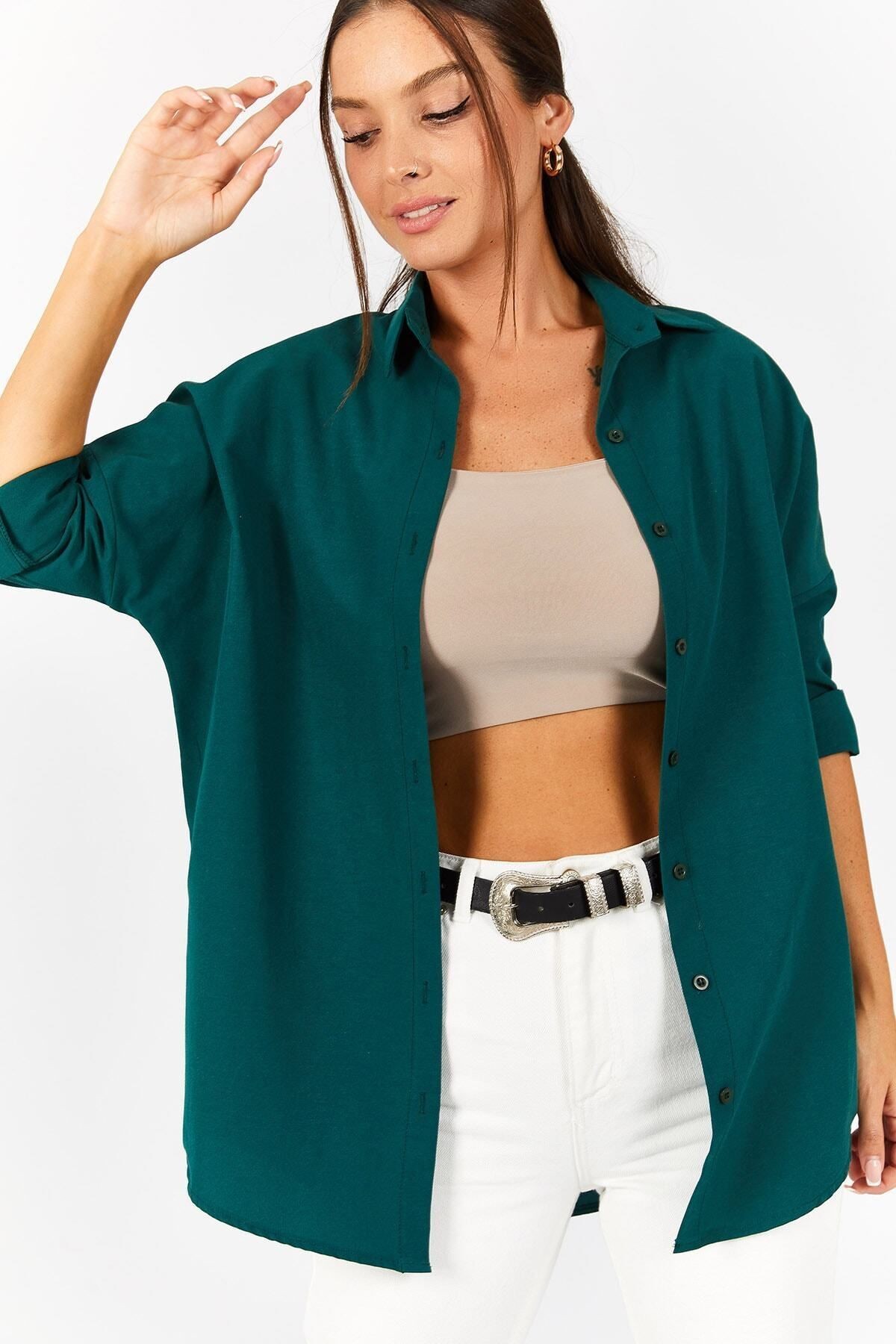 Kadın Koyu Yeşil Oversize Uzun Basic Gömlek ARM-22Y001118