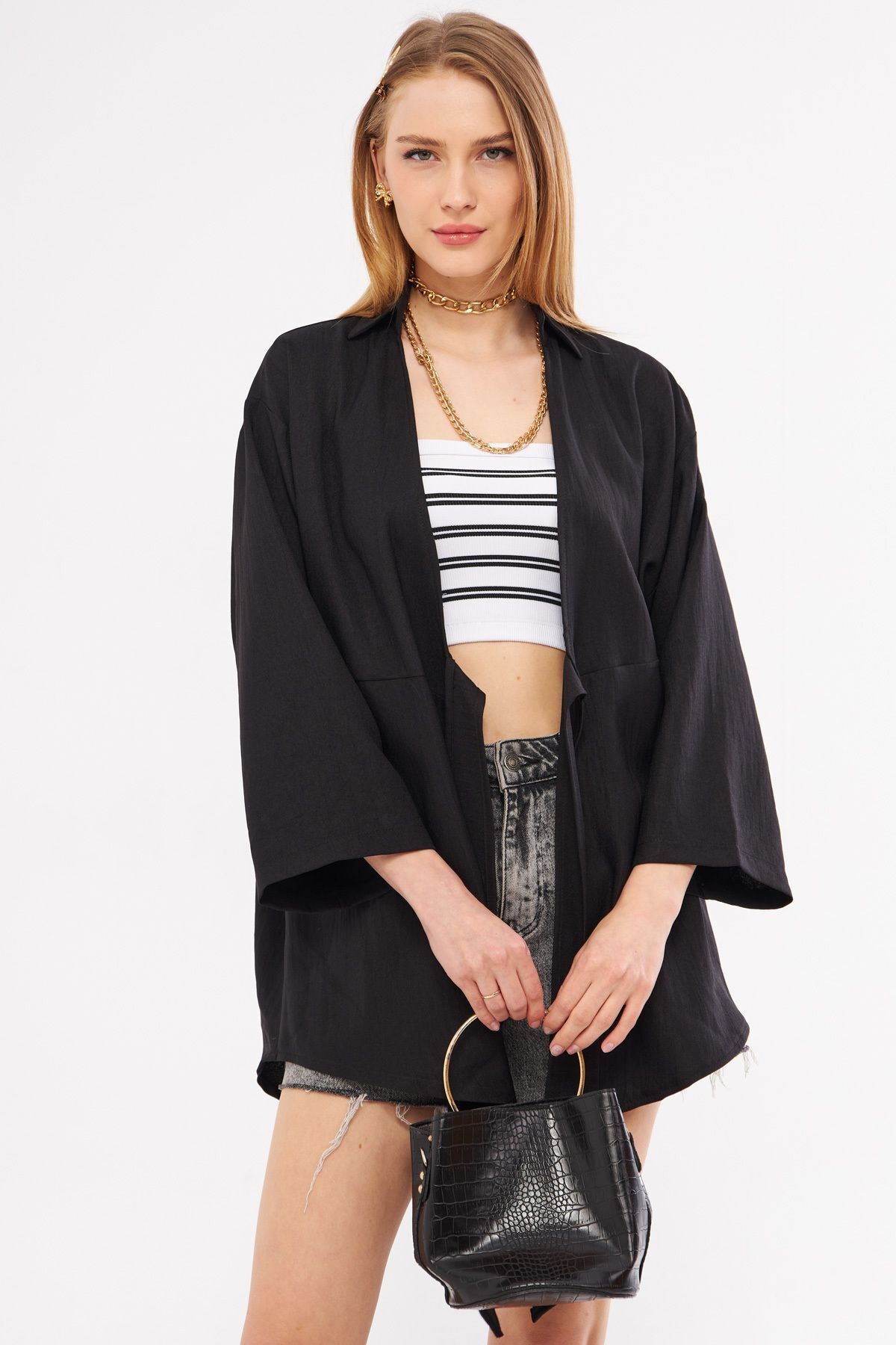 Kadın Siyah Keten Görünümlü Önden Bağlamalı Kimono Gömlek ARM-24Y001063